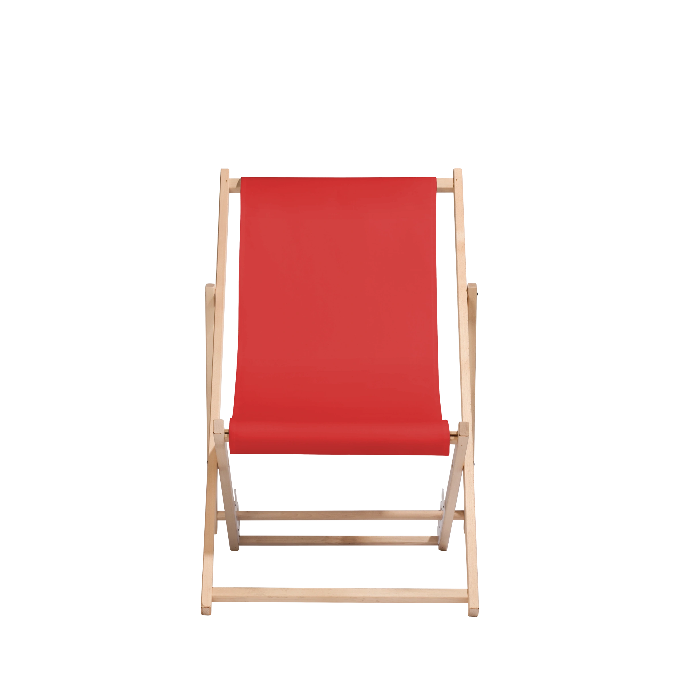 Liegestuhl Oliver aus naturbelassenem Buchenholz mit rotem Bezug, Frontalansicht
#Oli | Liegefläche (Farbe)_Rot Oliver