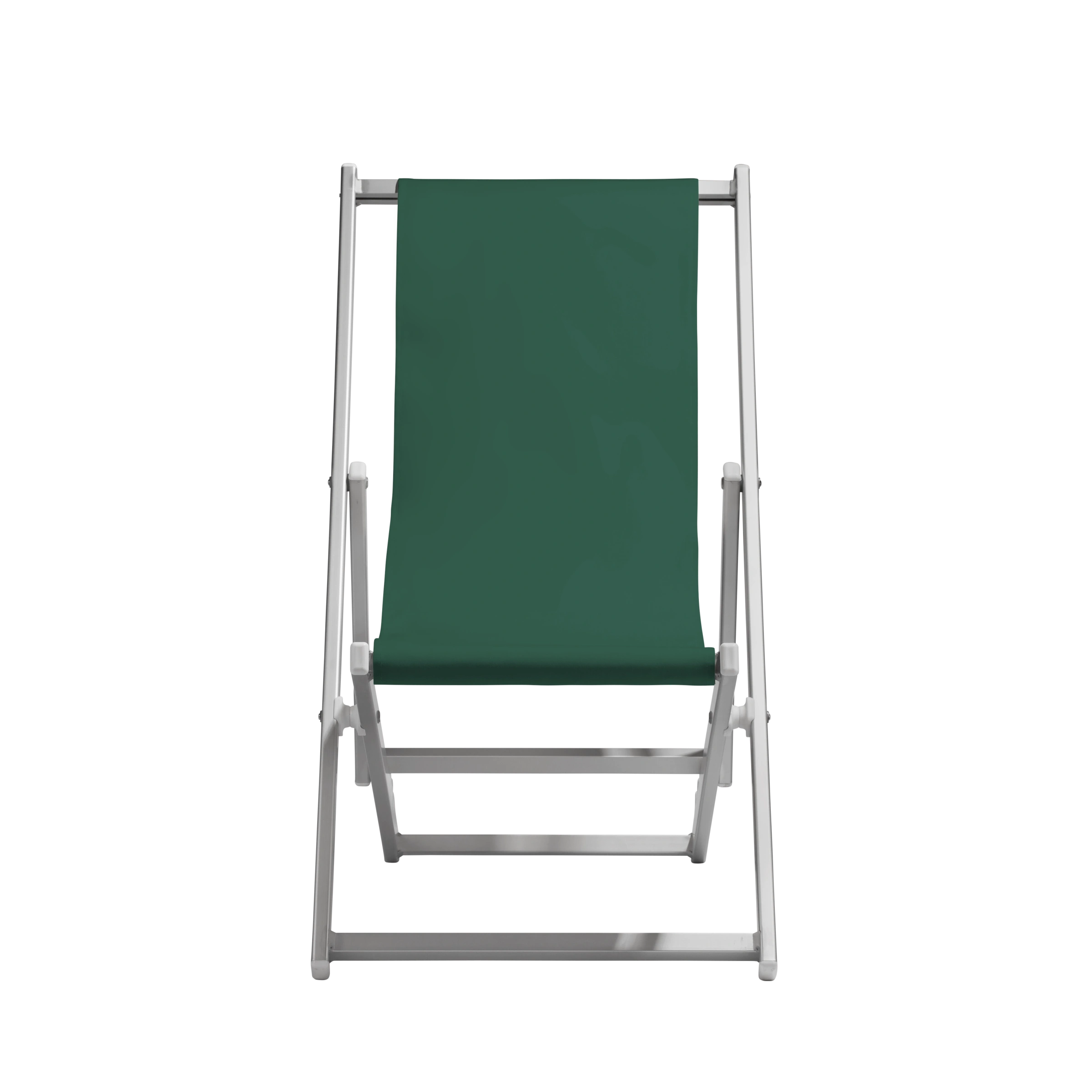 Liegestuhl Quentin aus silbernem Aluminium mit Bezug in dunkelgrün, Frontalansicht
#Alu | Liegefläche (Farbe)_dunkelgrün