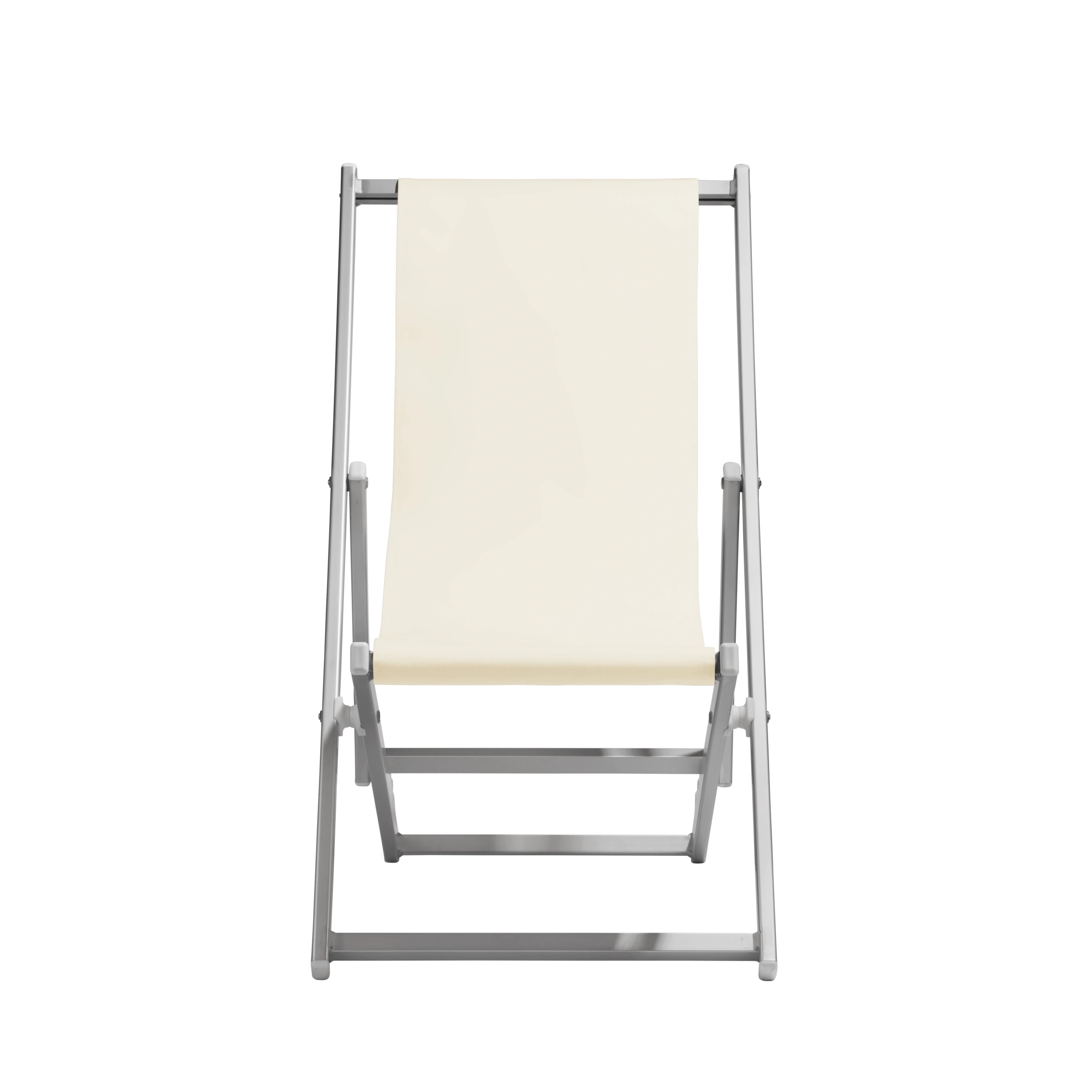 Liegestuhl Quentin aus silbernem Aluminium mit Bezug in natur, Frontalansicht
#Alu | Liegefläche (Farbe)_natur