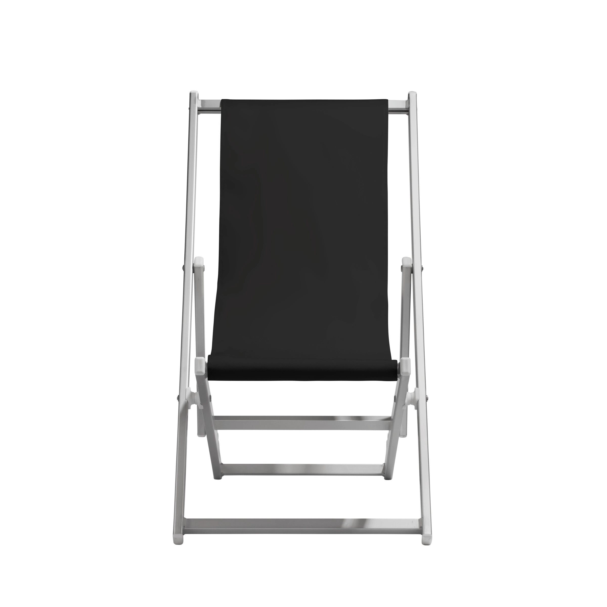 Liegestuhl Quentin aus silbernem Aluminium mit Bezug in schwarz, Frontalansicht
#Alu | Liegefläche (Farbe)_schwarz
