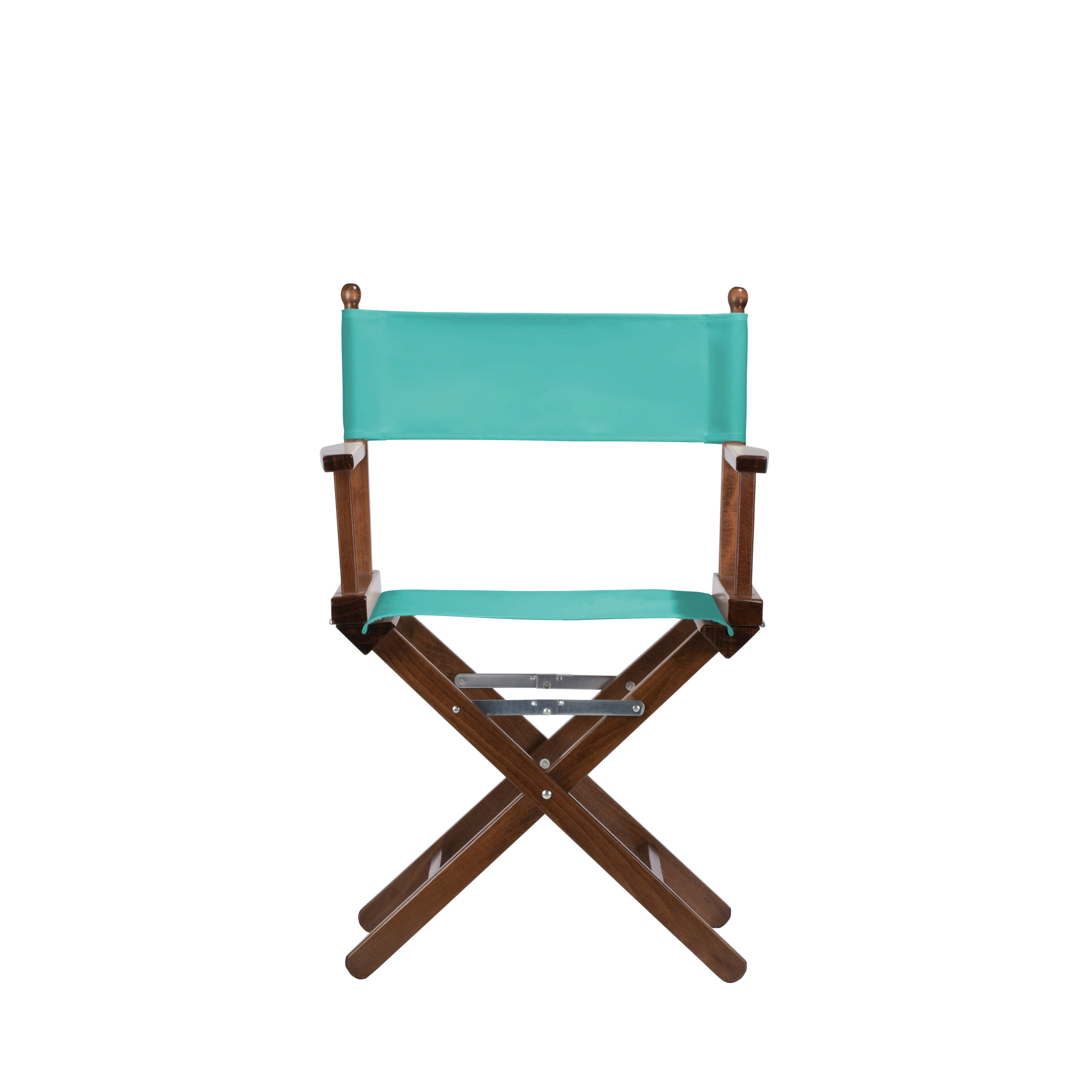 Regiestuhl Alfred aus braunem Buchenholz mit türkisem Bezug, Frontalansicht
#Classic | Set (Farbe)_türkis
