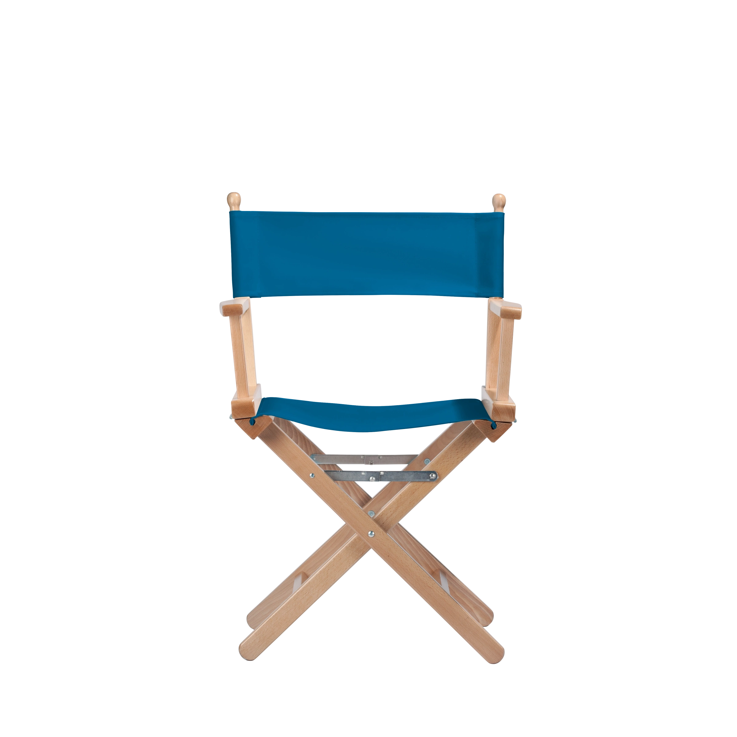 Regiestuhl Alfred aus naturfarbenem Buchenholz mit blauem Bezug, Frontalansicht
#Classic | Set (Farbe)_blau