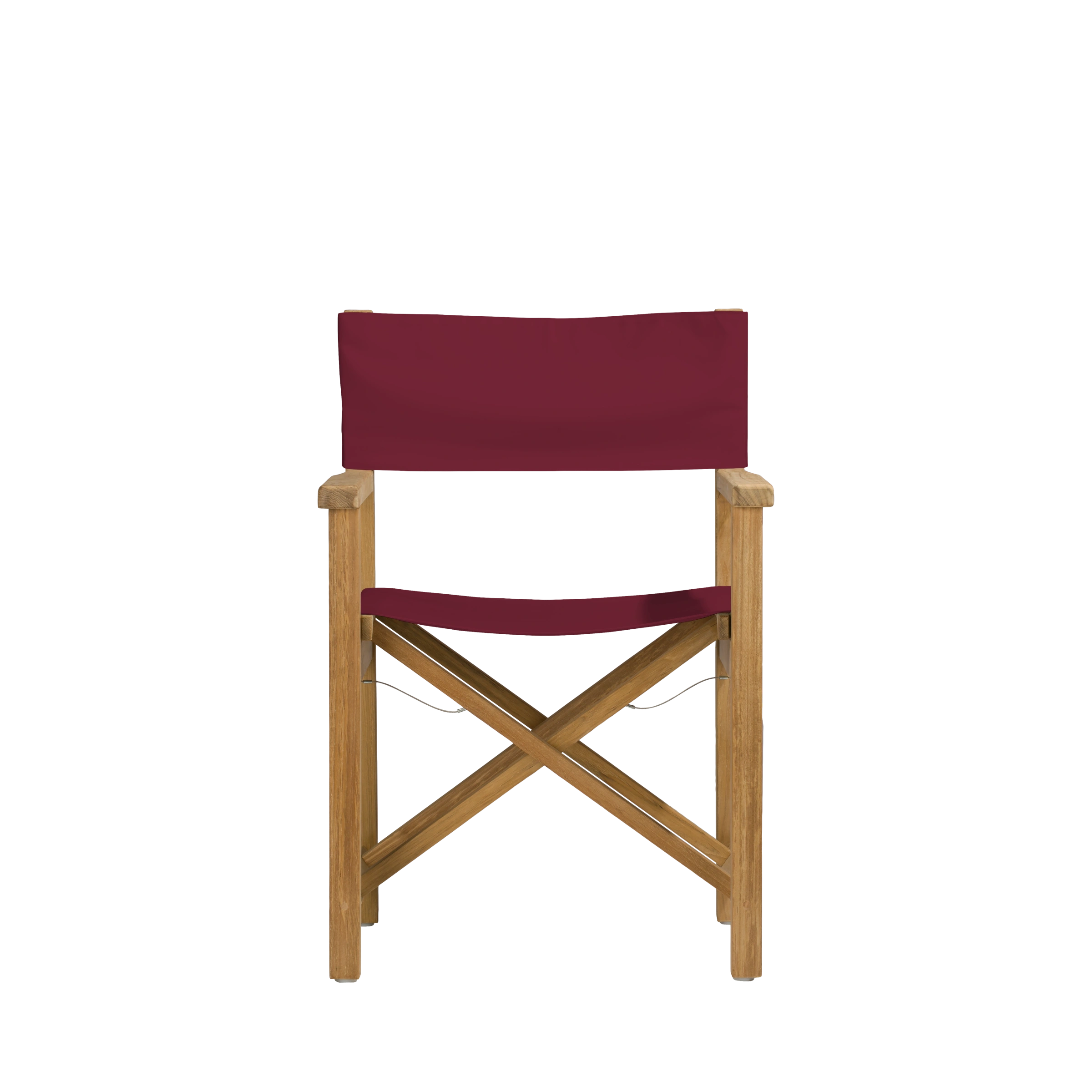 Regiestuhl Cabin aus Teakholz mit Bezug in bordeaux, Frontalansicht #stofffarbe_Weishäupl Bordeaux