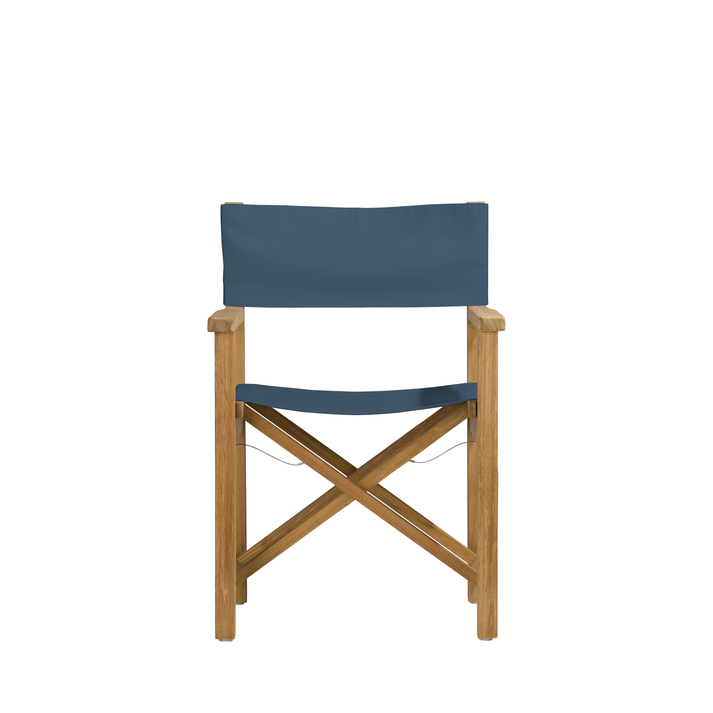 Regiestuhl Cabin aus Teakholz mit Bezug in taubenblau, Frontalansicht #stofffarbe_Weishäupl Taubenblau