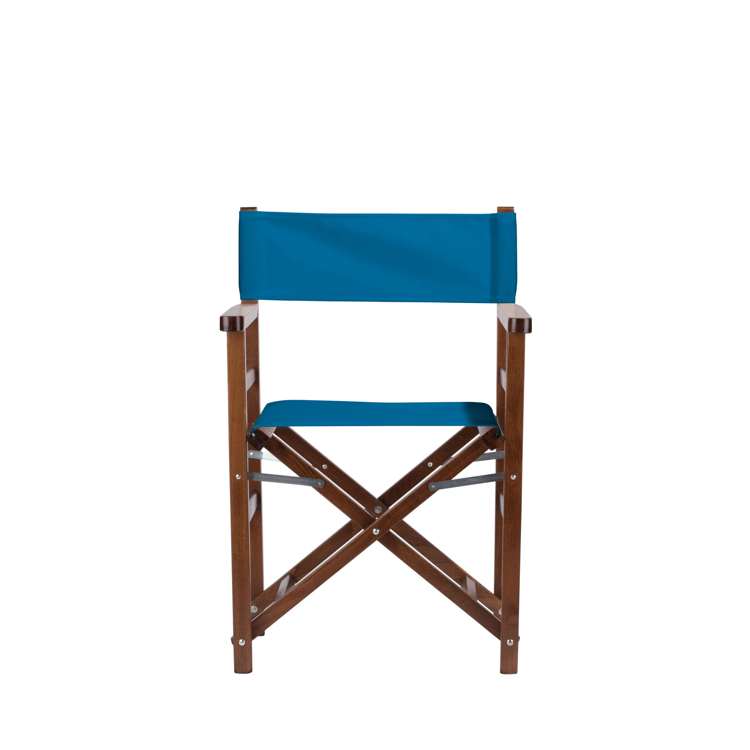 Regiestuhl Oscar aus braunem Buchenholz mit blauem Bezug, Frontalansicht
#Classic | Set (Farbe)_blau