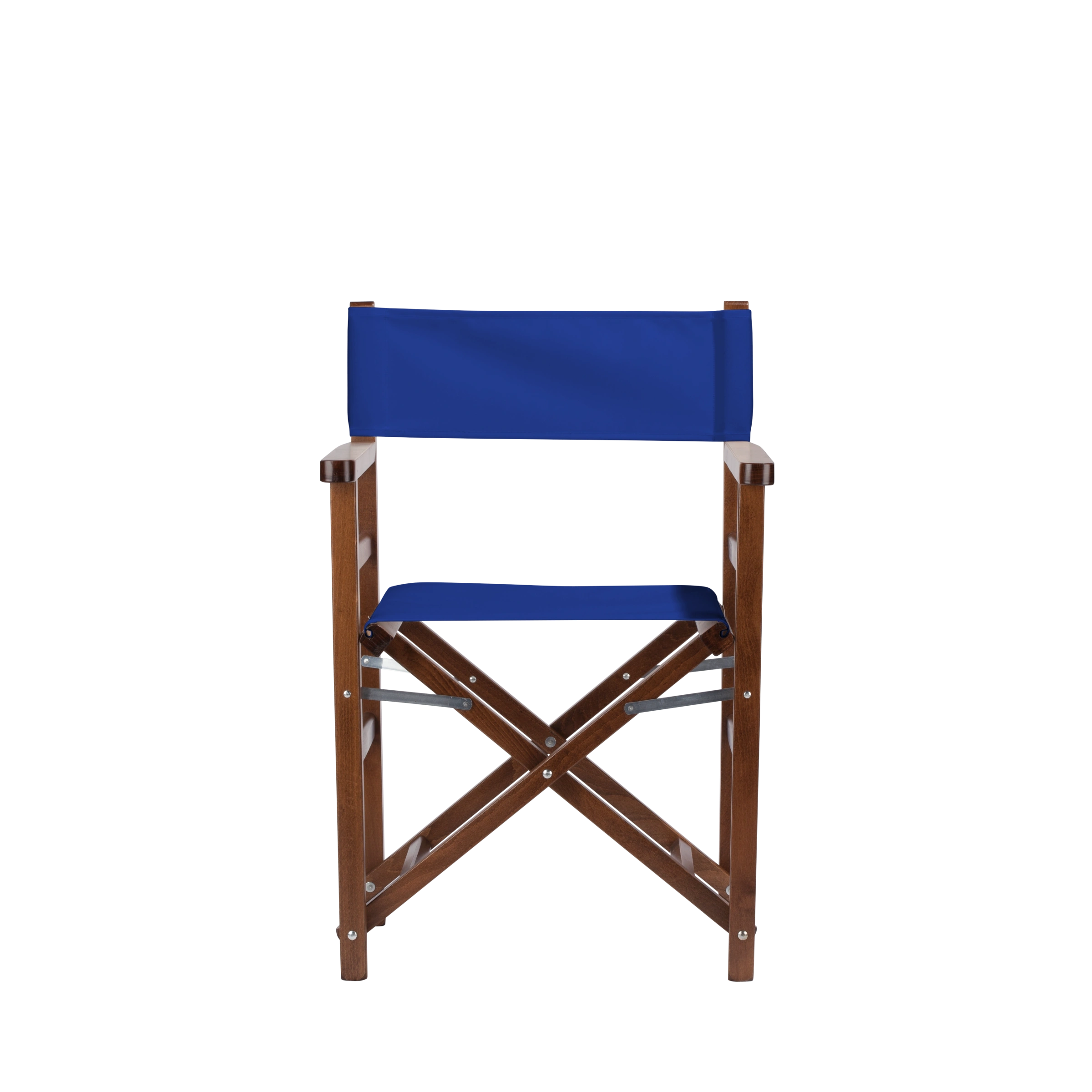 Regiestuhl Oscar aus braunem Buchenholz mit dunkelblauem Bezug, Frontalansicht
#Classic | Set (Farbe)_dunkelblau