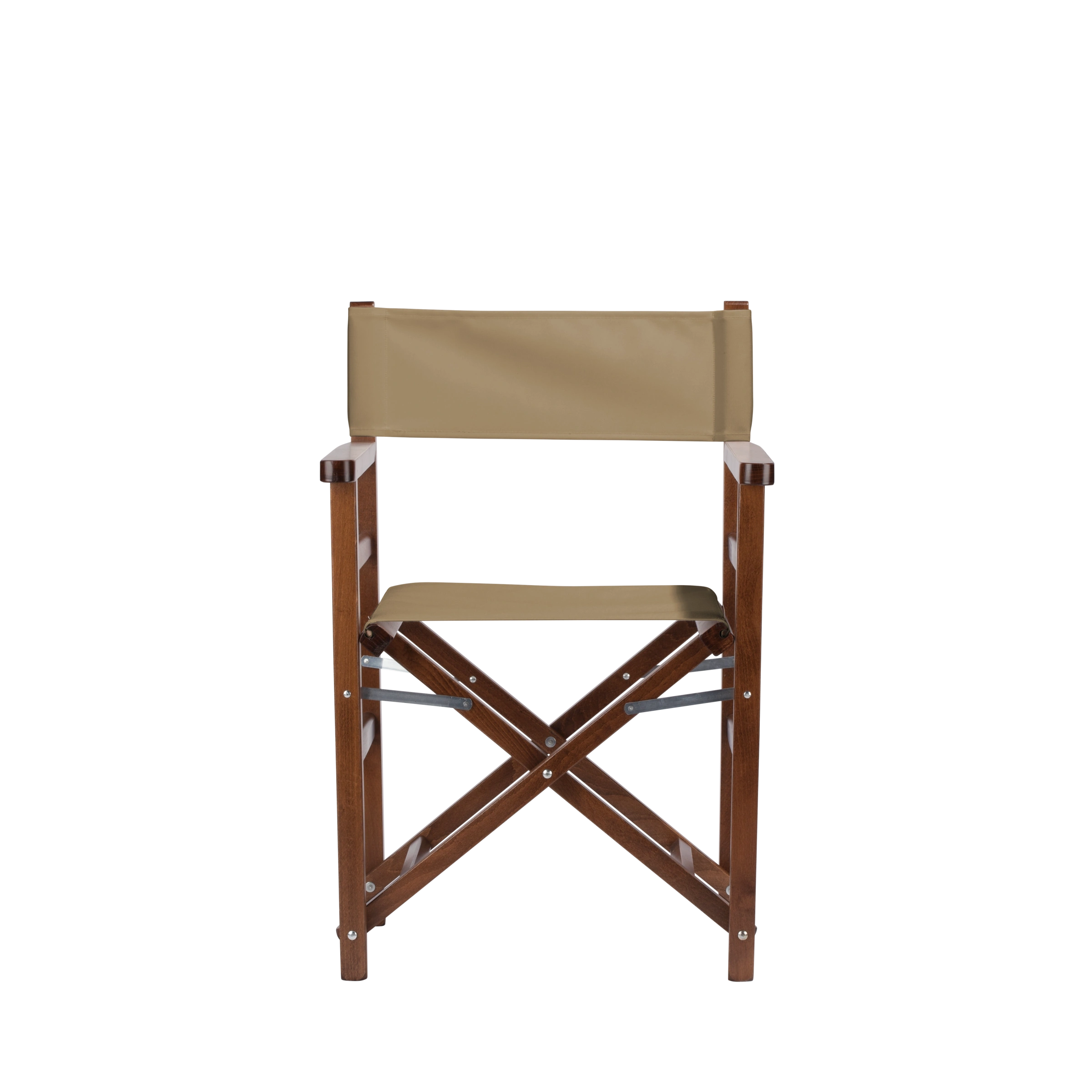 Regiestuhl Oscar aus braunem Buchenholz mit Bezug in grau-beige, Frontalansicht
#Classic | Set (Farbe)_grau-beige