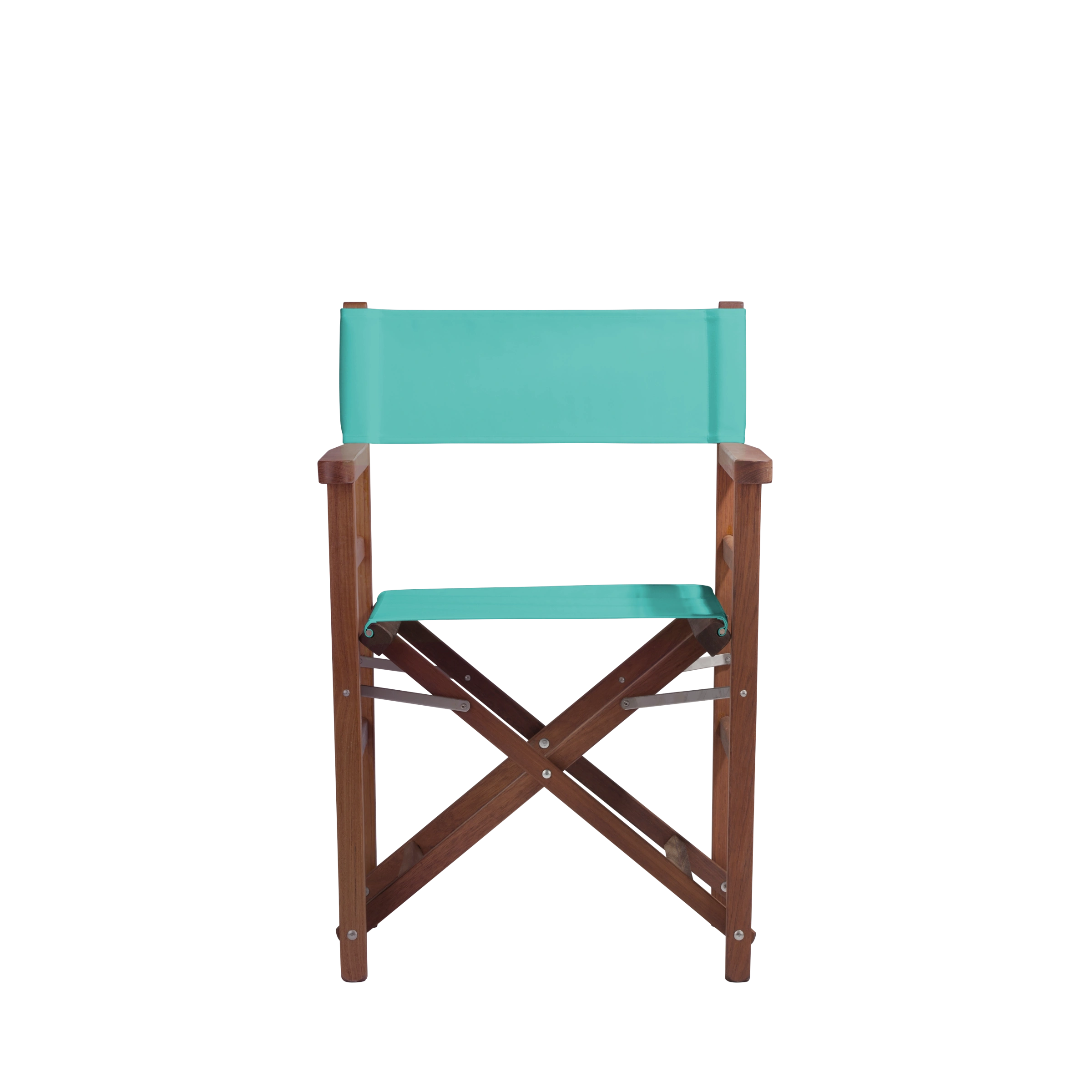 Regiestuhl Oscar aus Iroko-Holz Buchenholz mit türkisem Bezug, Frontalansicht
#Classic | Set (Farbe)_türkis