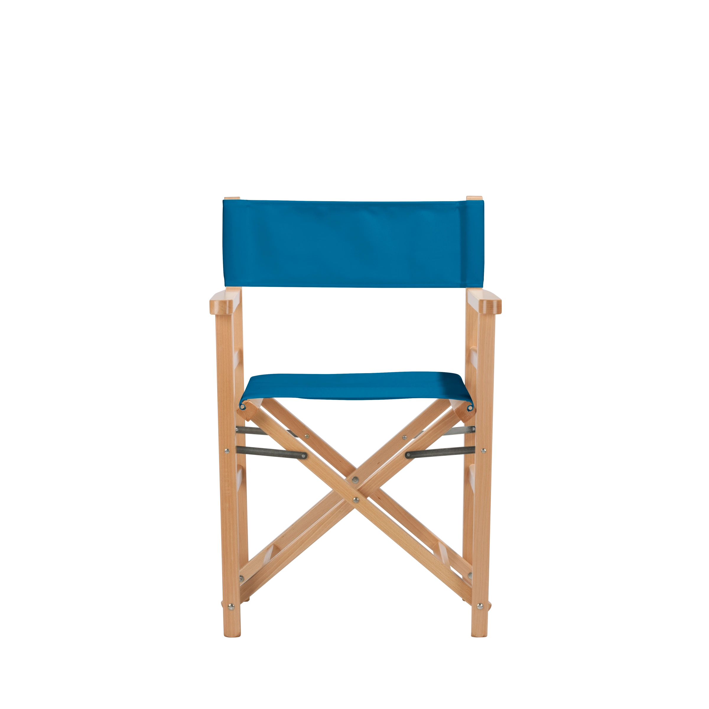 Regiestuhl Oscar aus naturfarbenem Buchenholz mit blauem Bezug, Frontalansicht
#Classic | Set (Farbe)_blau