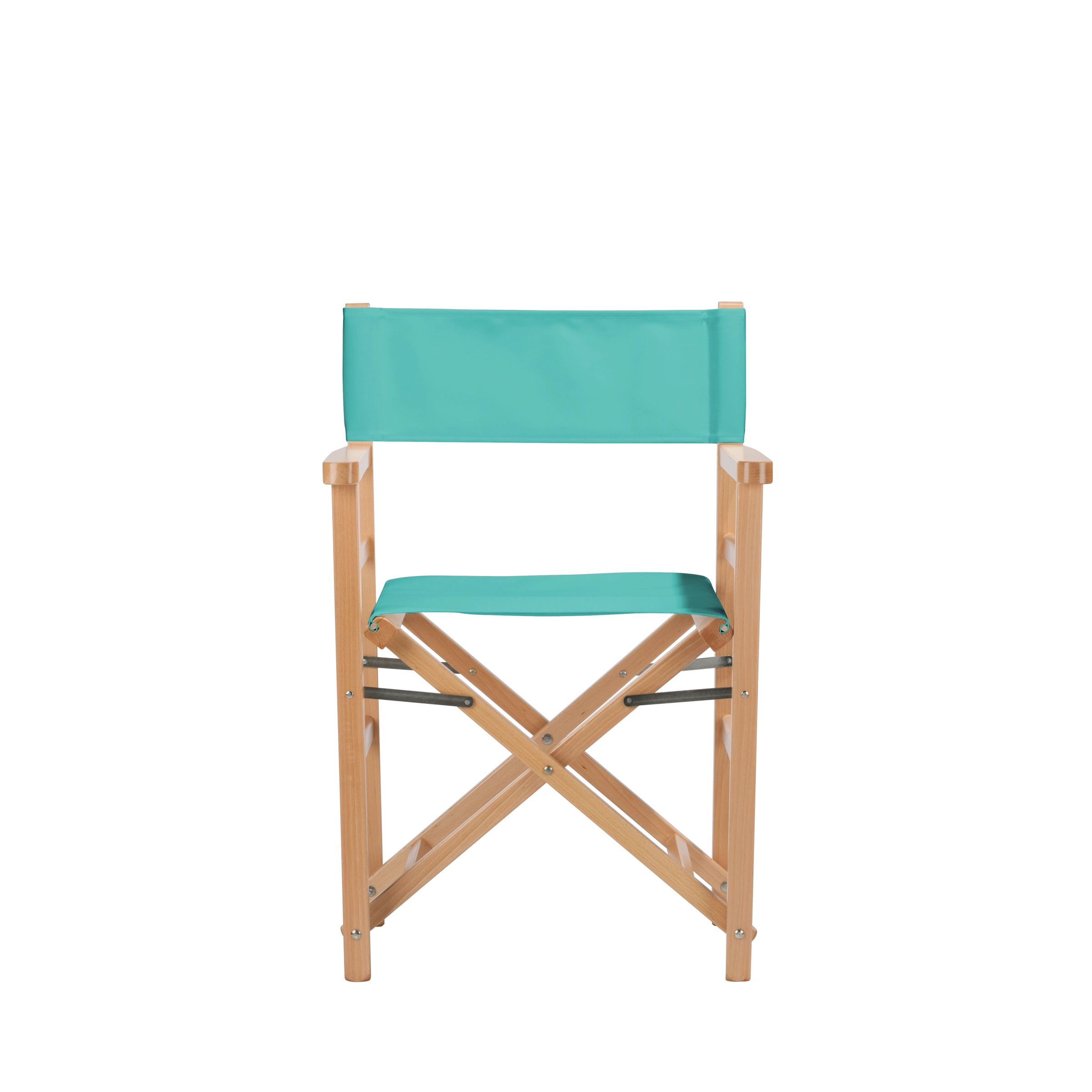 Regiestuhl Oscar aus naturfarbenem Buchenholz mit türkisem Bezug, Frontalansicht
#Classic | Set (Farbe)_türkis