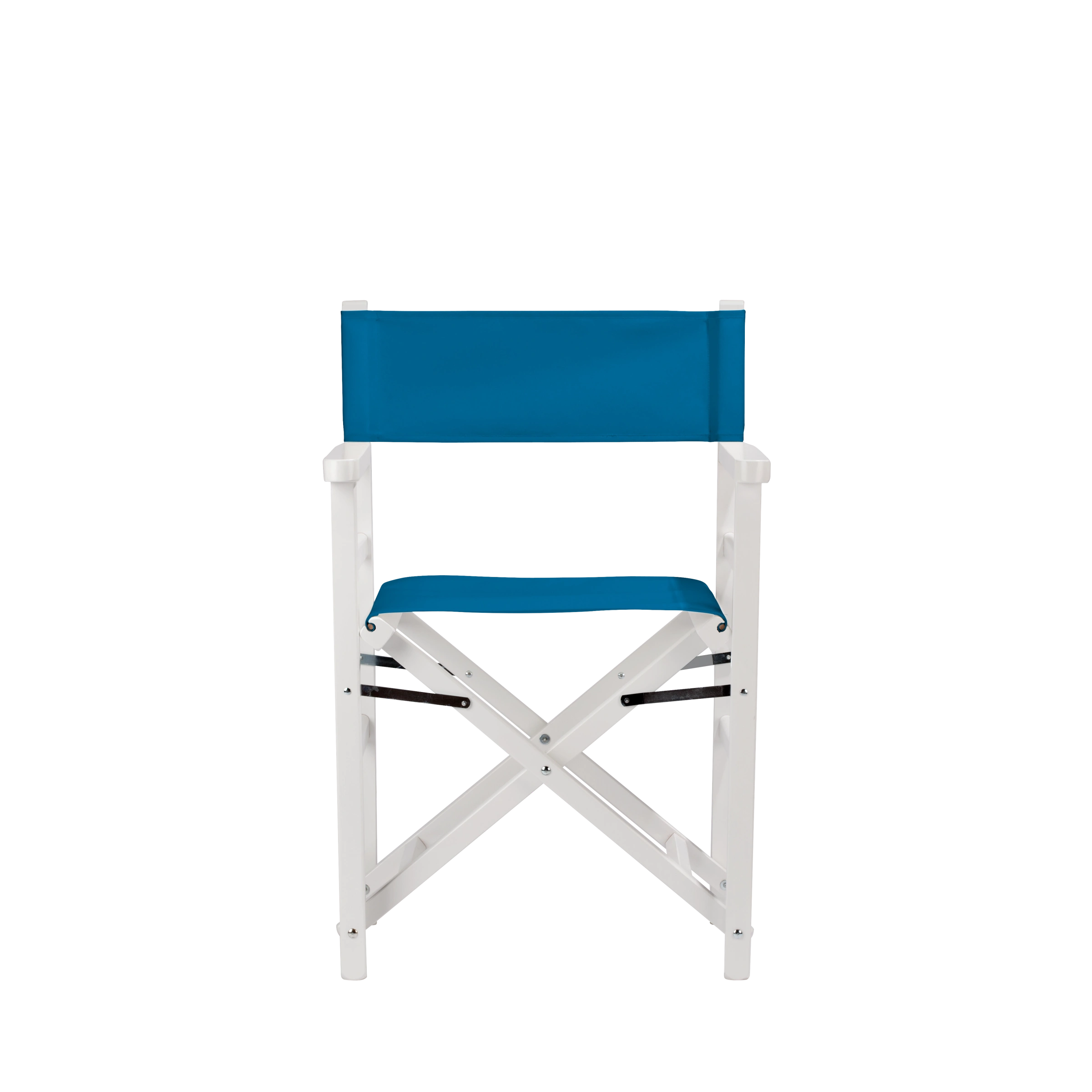 Regiestuhl Oscar aus weißem Buchenholz mit blauem Bezug, Frontalansicht
#Classic | Set (Farbe)_blau