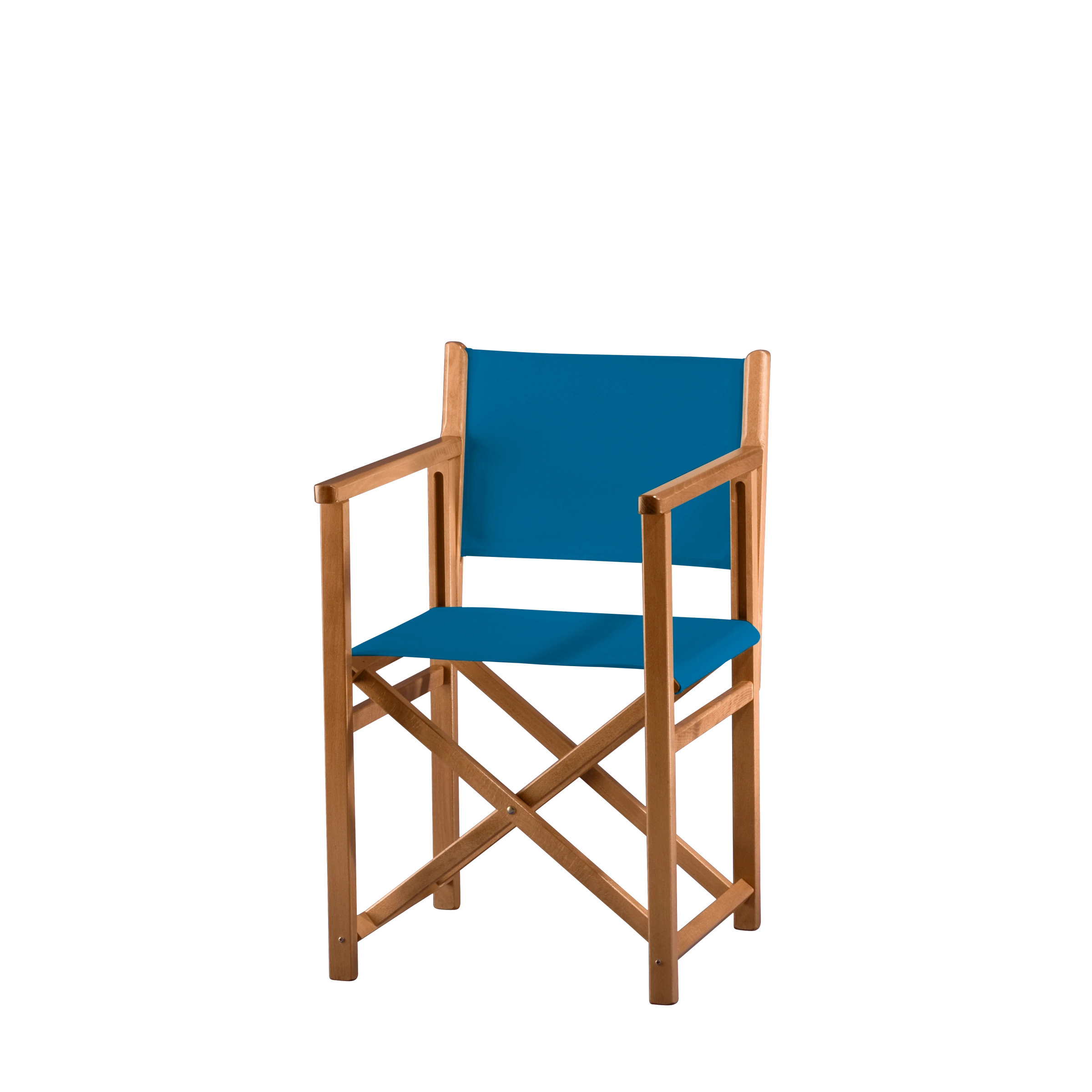 Regiestuhl Pedro aus brandyfarbenem Buchenholz mit blauem Bezug, Seitenansicht
#Swing | Set (Farbe)_blau