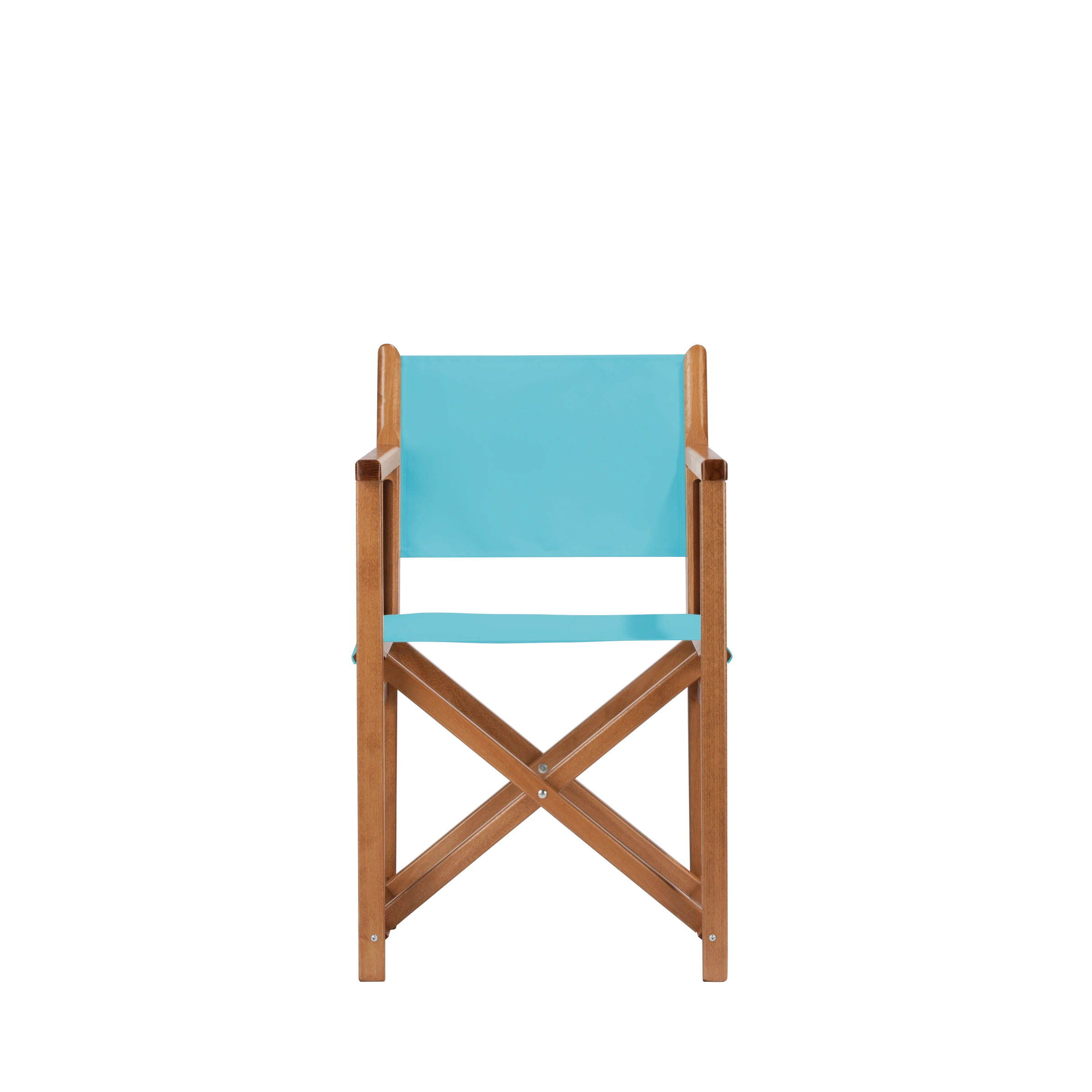 Regiestuhl Pedro aus brandyfarbenem Buchenholz mit hellblauem Bezug, Frontalansicht
#Swing | Set (Farbe)_hellblau