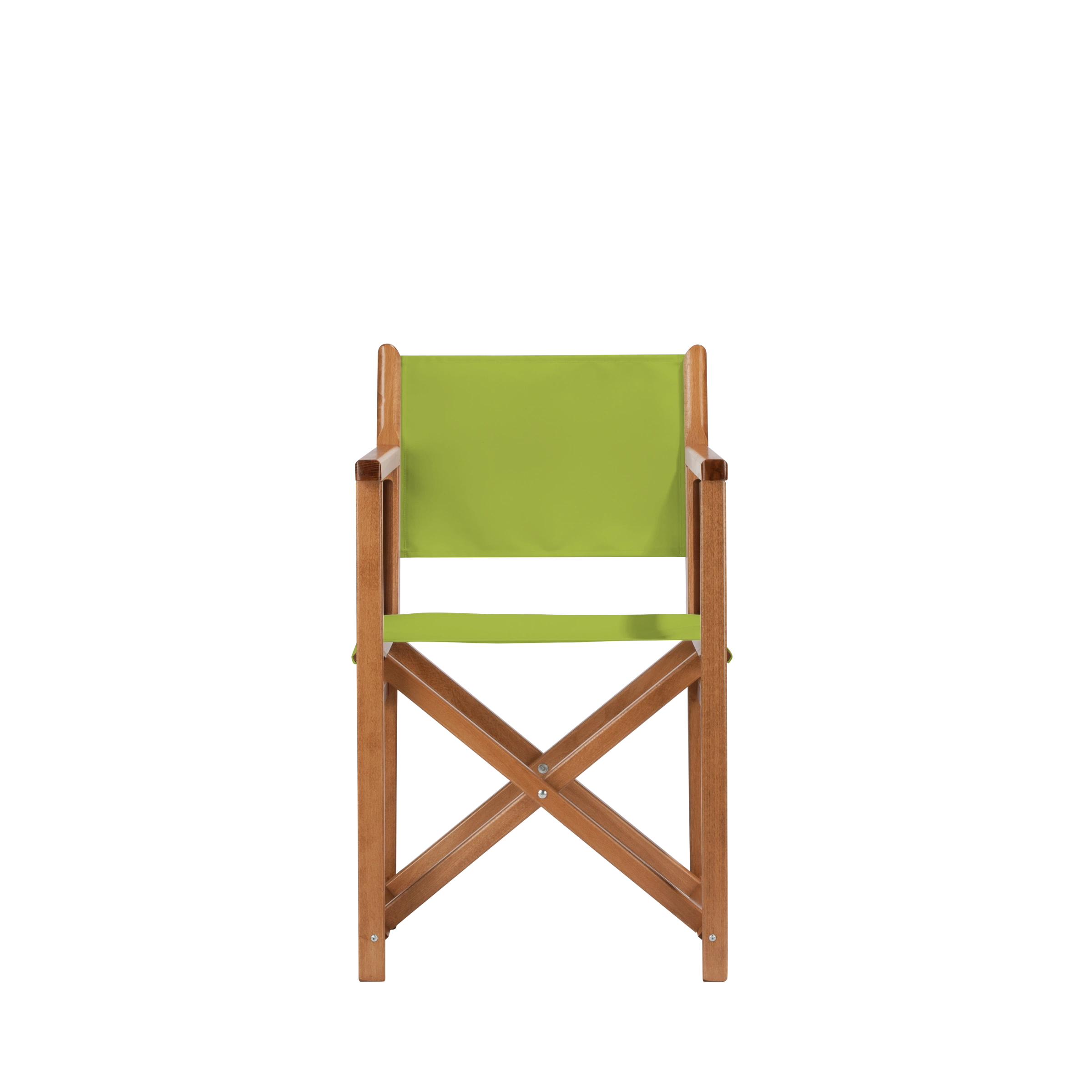 Regiestuhl Pedro aus brandyfarbenem Buchenholz mit hellgrünem Bezug, Frontalansicht
#Swing | Set (Farbe)_hellgrün
