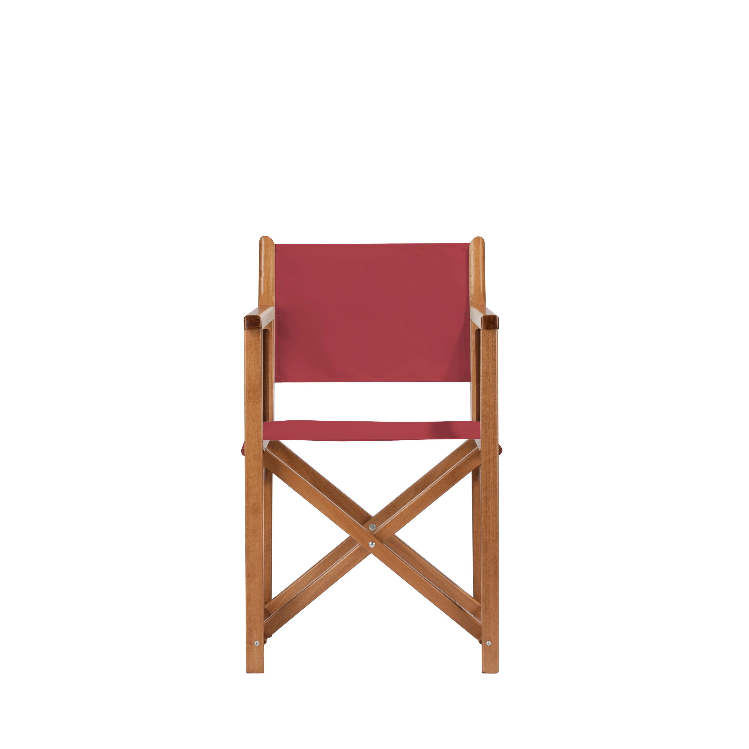 Regiestuhl Pedro aus brandyfarbenem Buchenholz mit rotem Bezug, Frontalansicht
#Swing | Set (Farbe)_rot