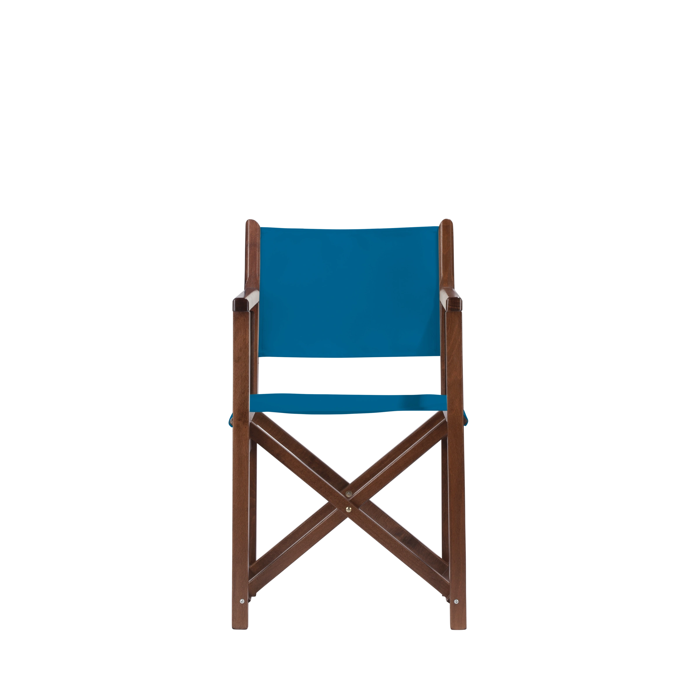 Regiestuhl Pedro aus braunem Buchenholz mit blauem Bezug, Frontalansicht
#Swing | Set (Farbe)_blau