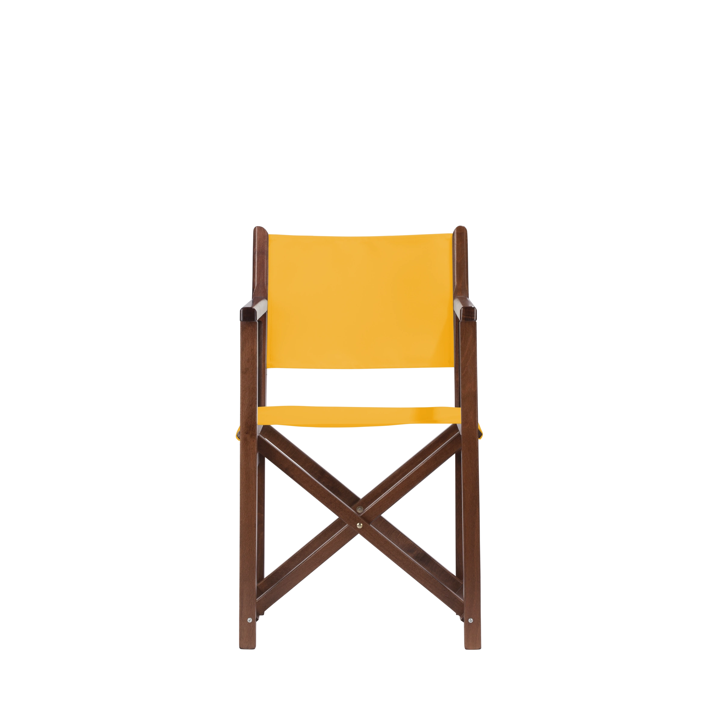 Regiestuhl Pedro aus braunem Buchenholz mit gelbem Bezug, Frontalansicht
#Swing | Set (Farbe)_gelb
