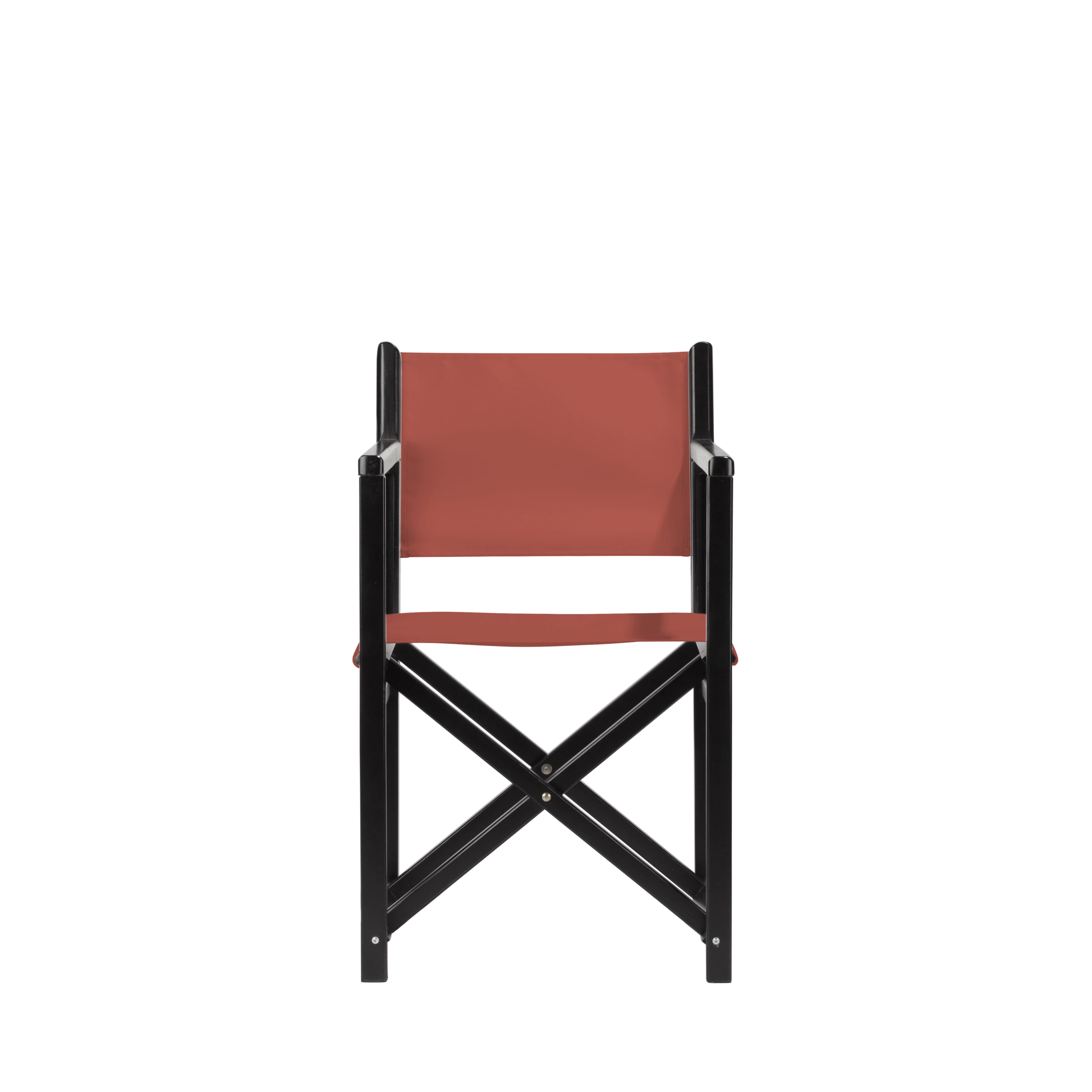 Regiestuhl Pedro aus schwarzem Buchenholz mit Bezug in terracotta, Frontalansicht
#Swing | Set (Farbe)_terracotta