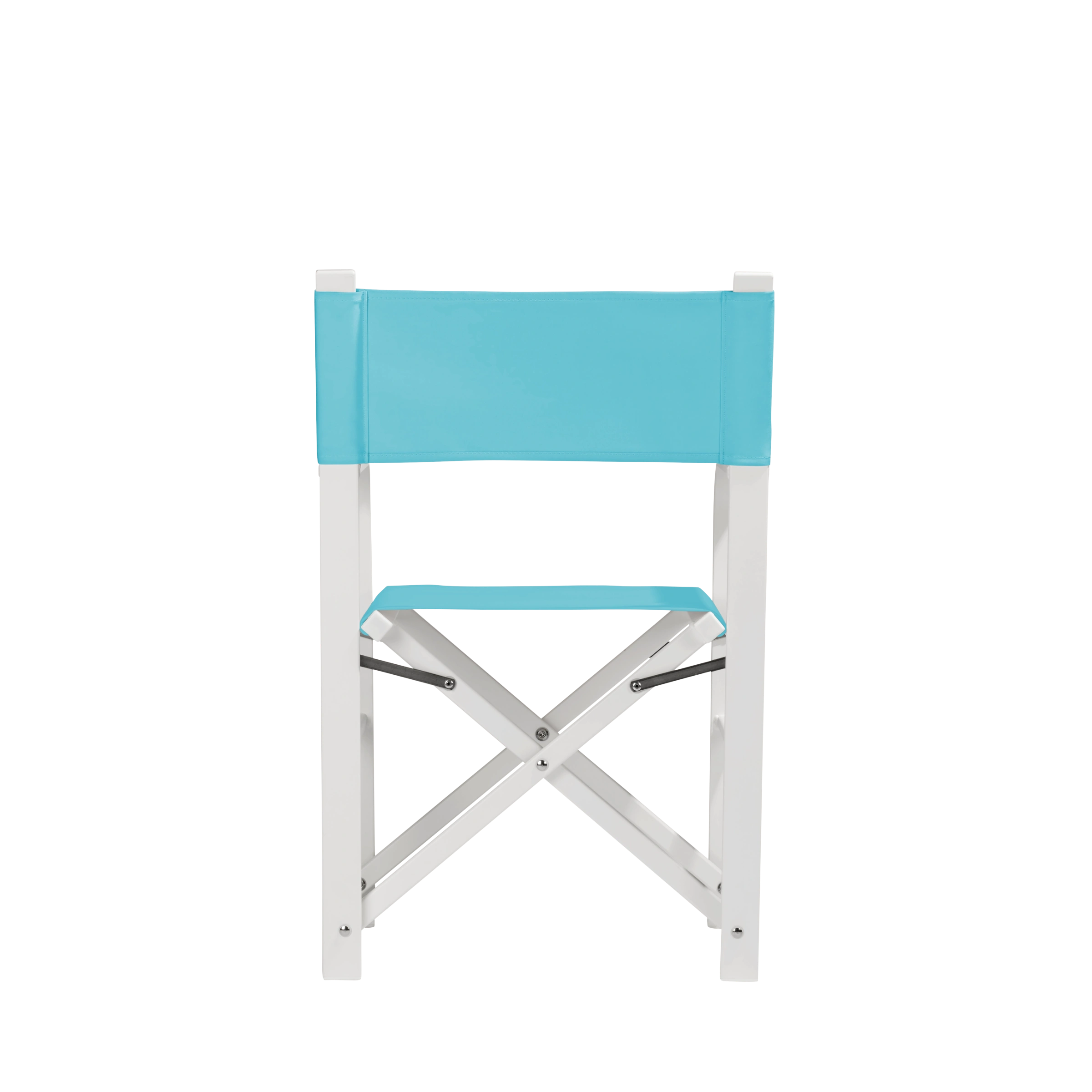 Regiestuhl Sofia aus weißem Aluminium mit hellblauem Bezug, Rückansicht
#Alu | Set (Farbe)_hellblau