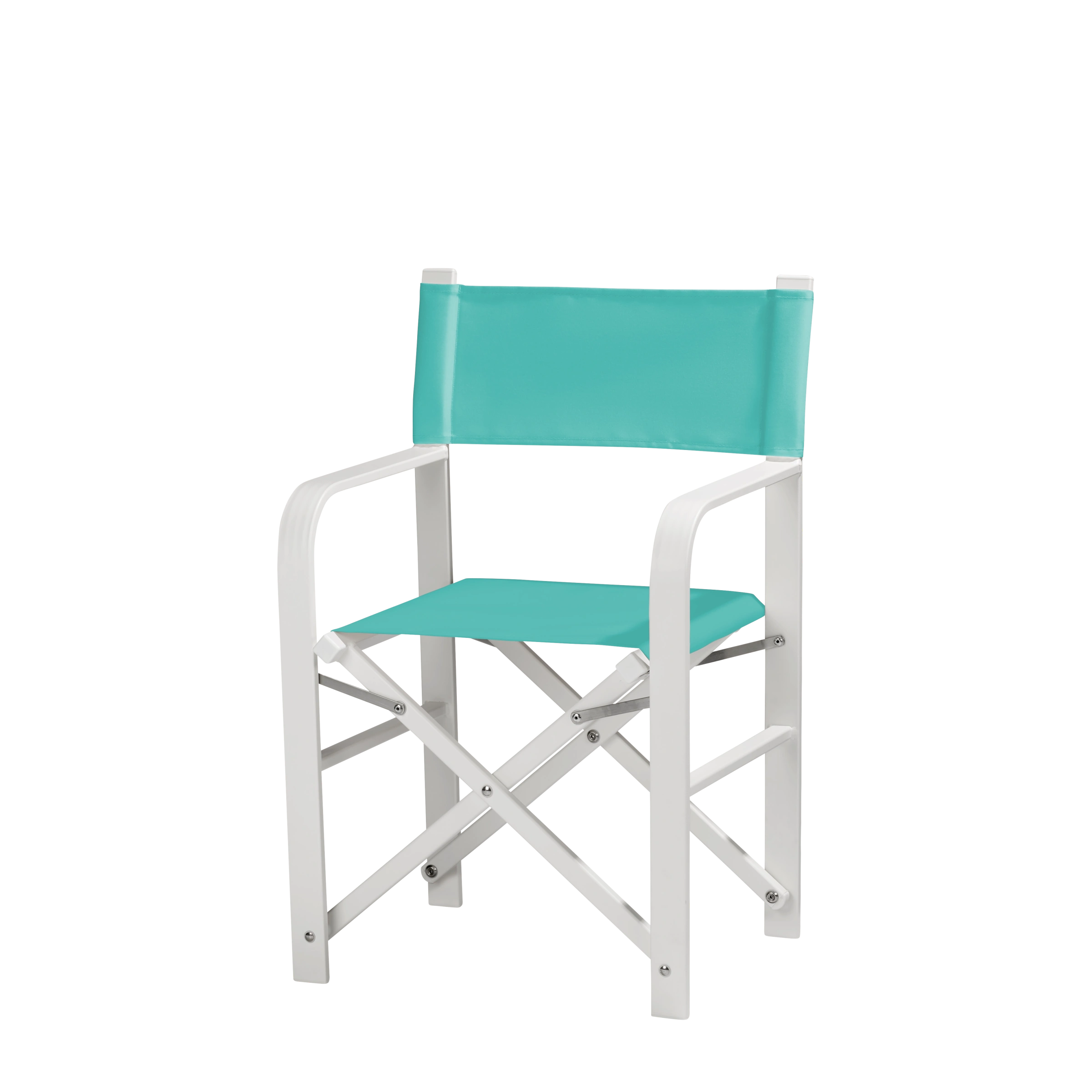 Regiestuhl Sofia aus weißem Aluminium mit türkisem Bezug, Seitenansicht
#Alu | Set (Farbe)_türkis