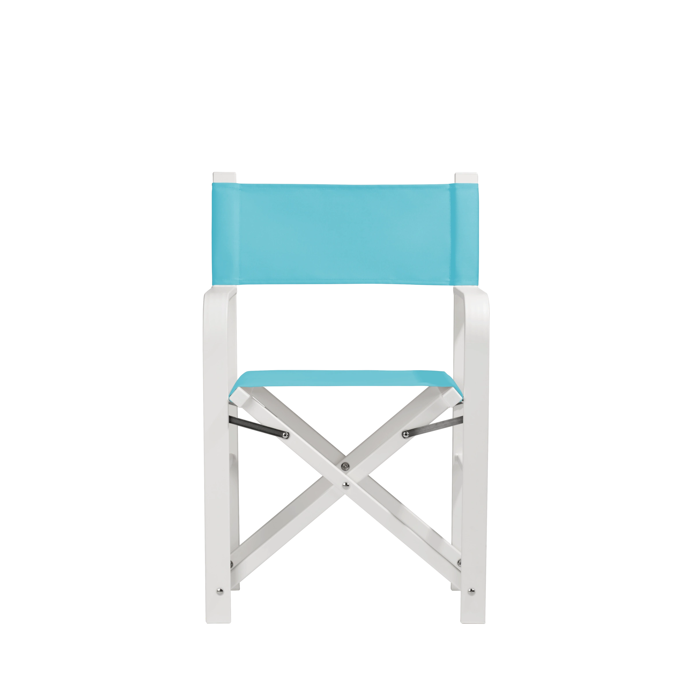 Regiestuhl Sofia aus weißem Aluminium mit hellblauem Bezug, Frontalansicht
#Alu | Set (Farbe)_hellblau