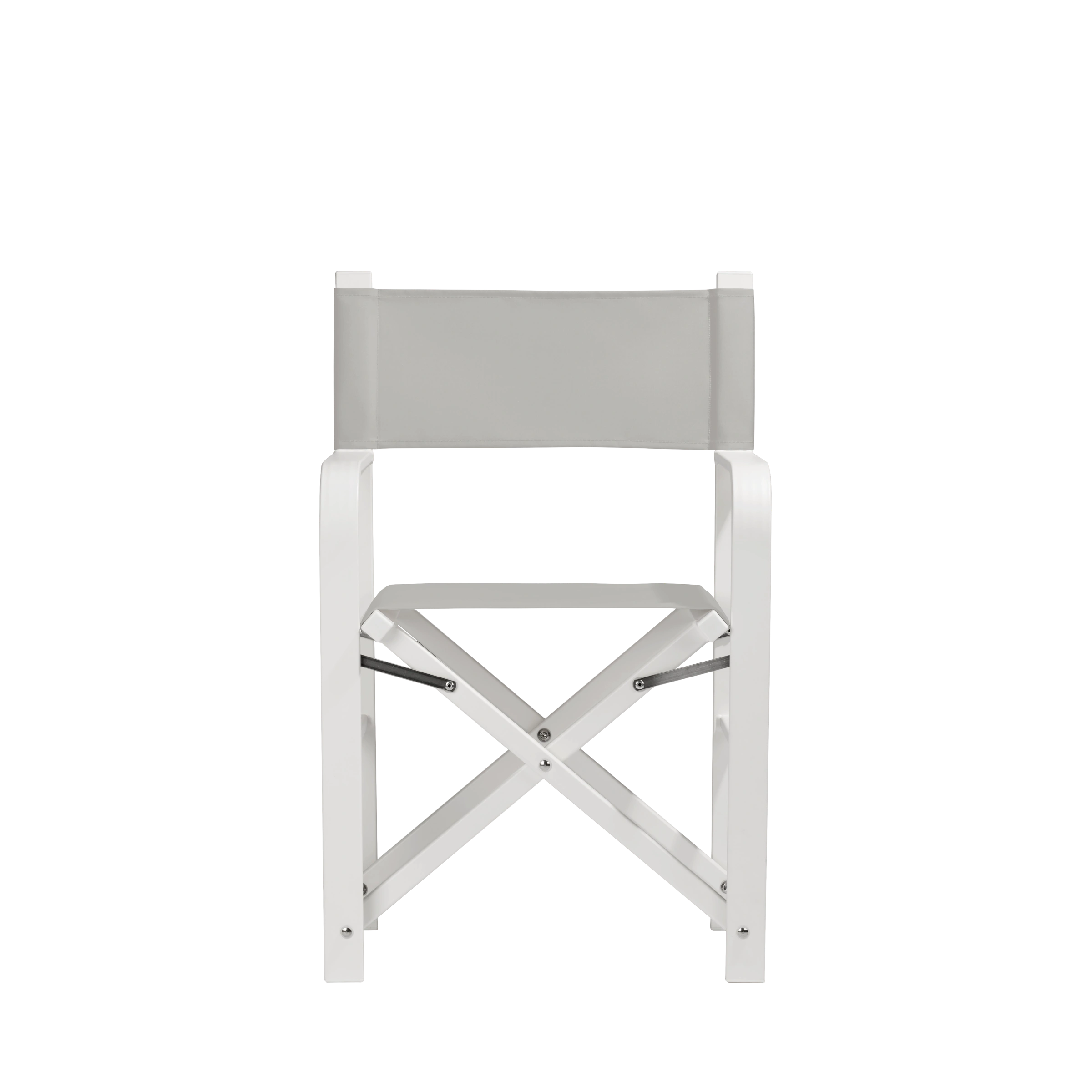 Regiestuhl Sofia aus weißem Aluminium mit hellgrauem Bezug, Frontalansicht
#Alu | Set (Farbe)_hellgrau