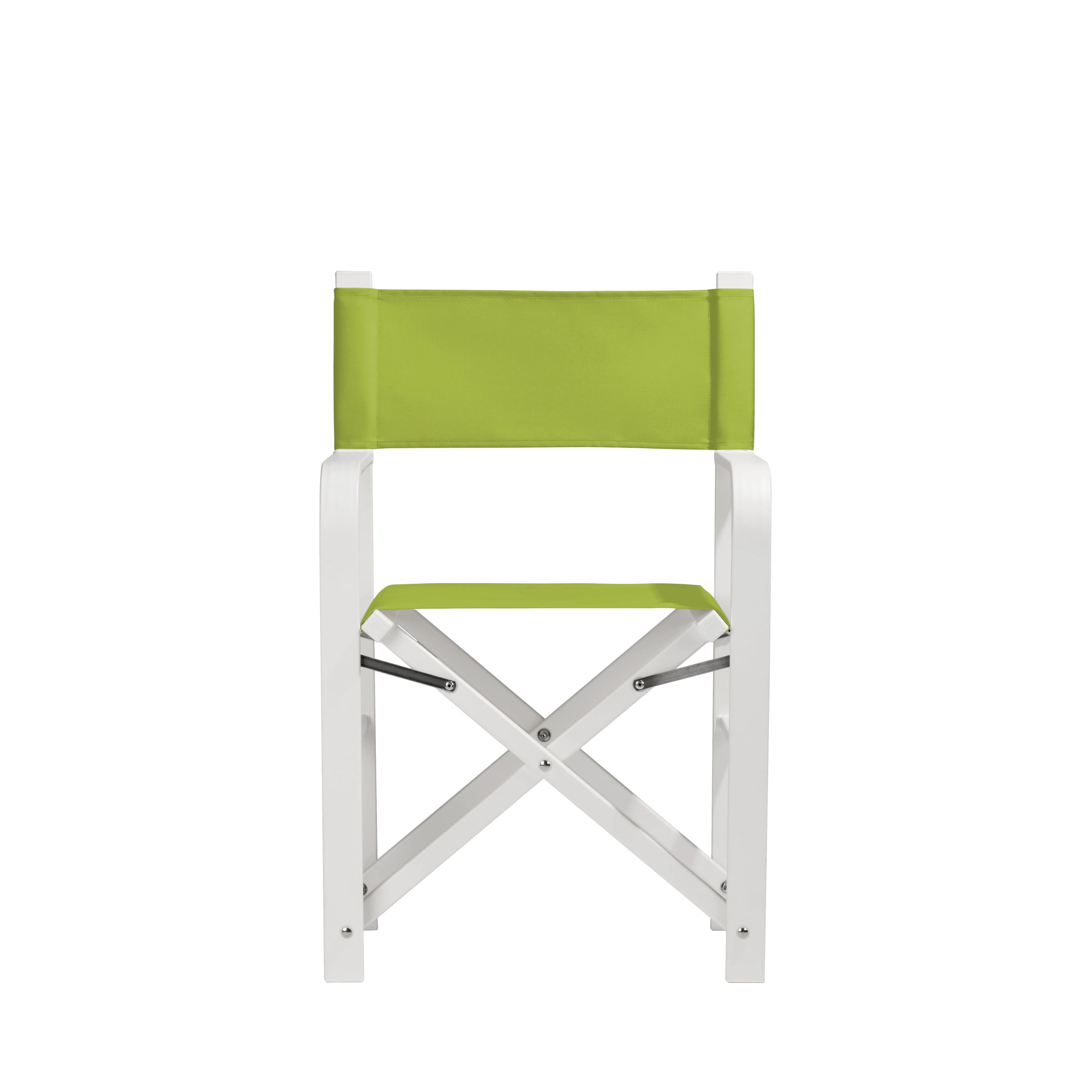 Regiestuhl Sofia aus weißem Aluminium mit hellgrünem Bezug, Frontalansicht
#Alu | Set (Farbe)_hellgrün