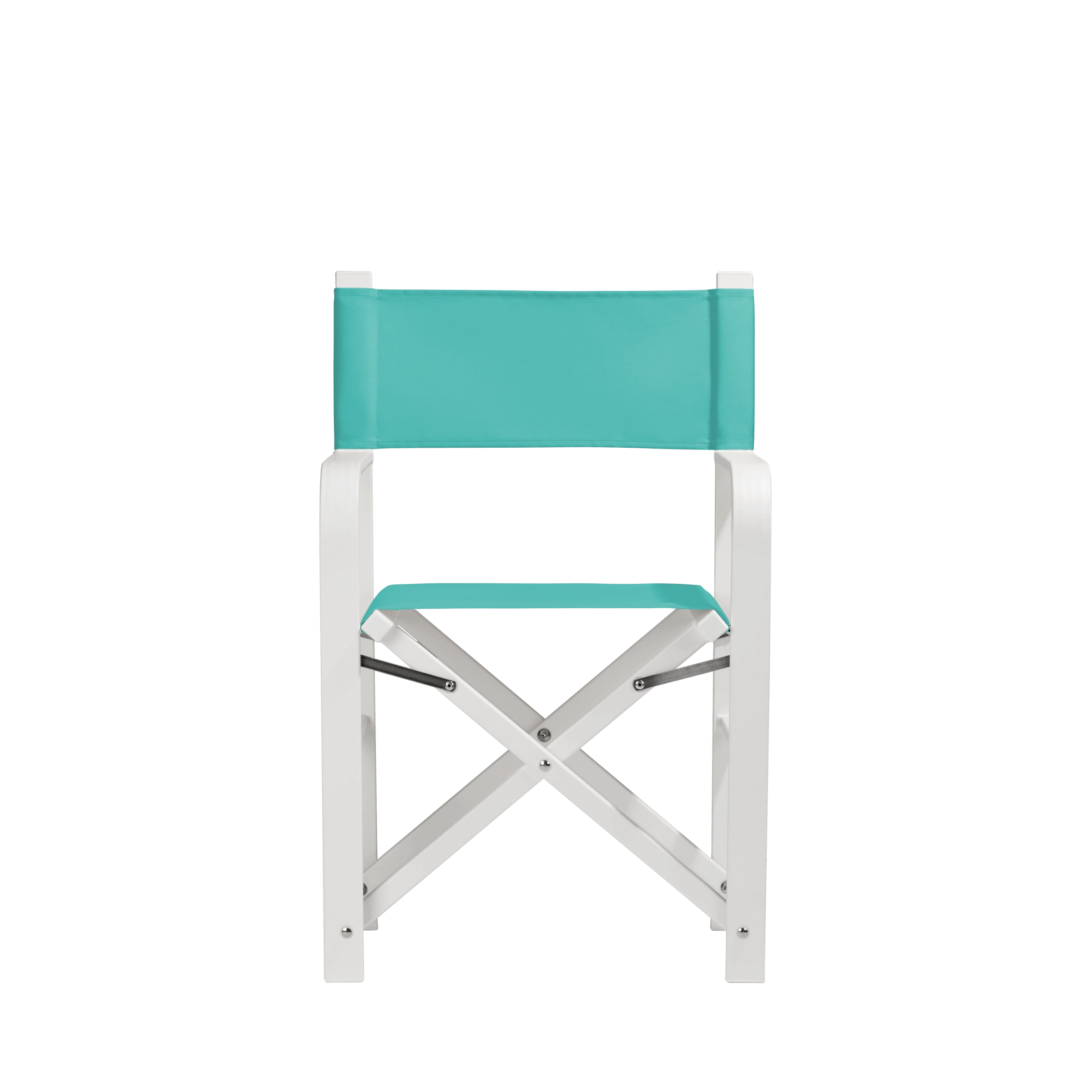 Regiestuhl Sofia aus weißem Aluminium mit türkisem Bezug, Frontalansicht
#Alu | Set (Farbe)_türkis