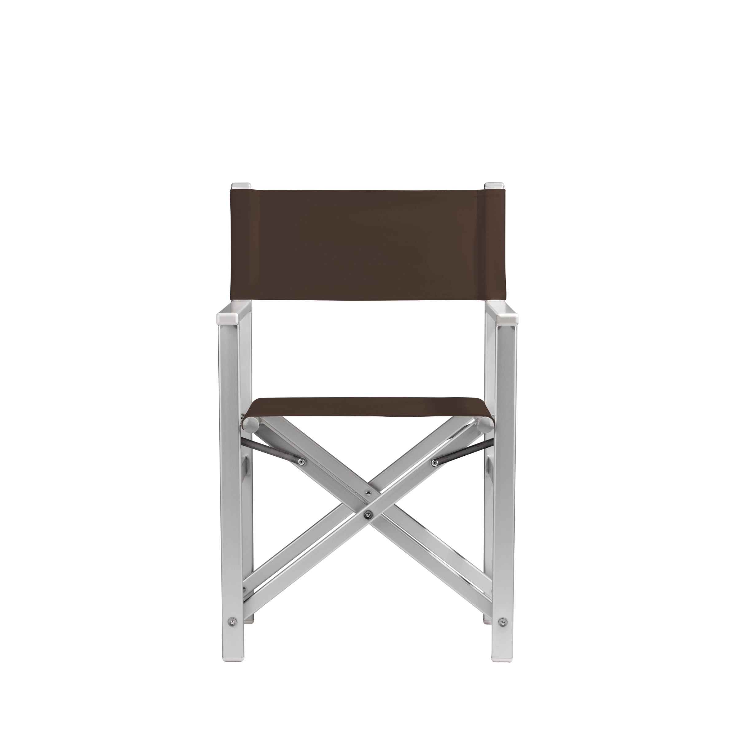 Regiestuhl Stanley aus silbernem Aluminium mit Bezug in caffé, Frontalansicht
#Alu | Set (Farbe)_caffé