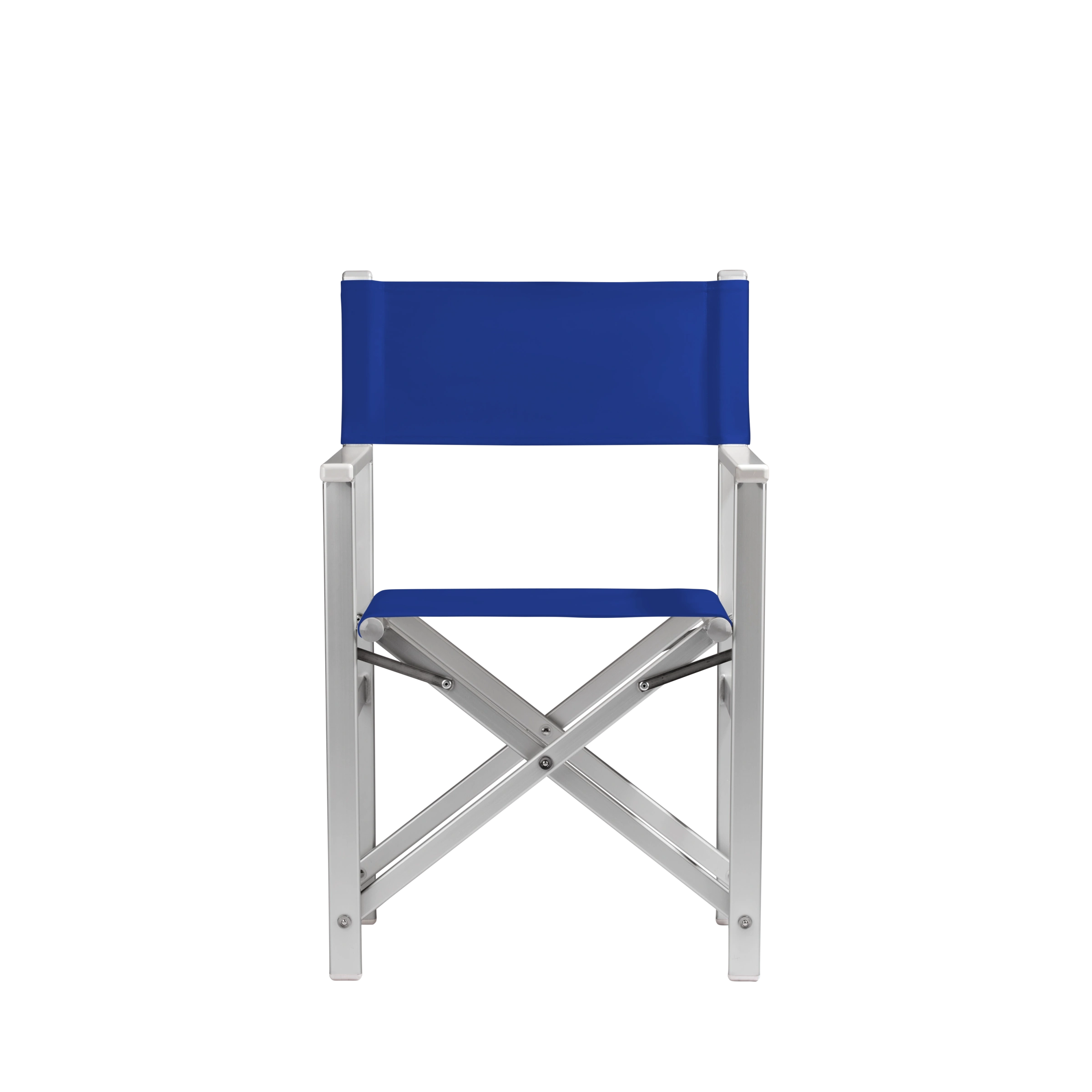 Regiestuhl Stanley aus silbernem Aluminium mit dunkelblauem Bezug, Frontalansicht
#Alu | Set (Farbe)_dunkelblau