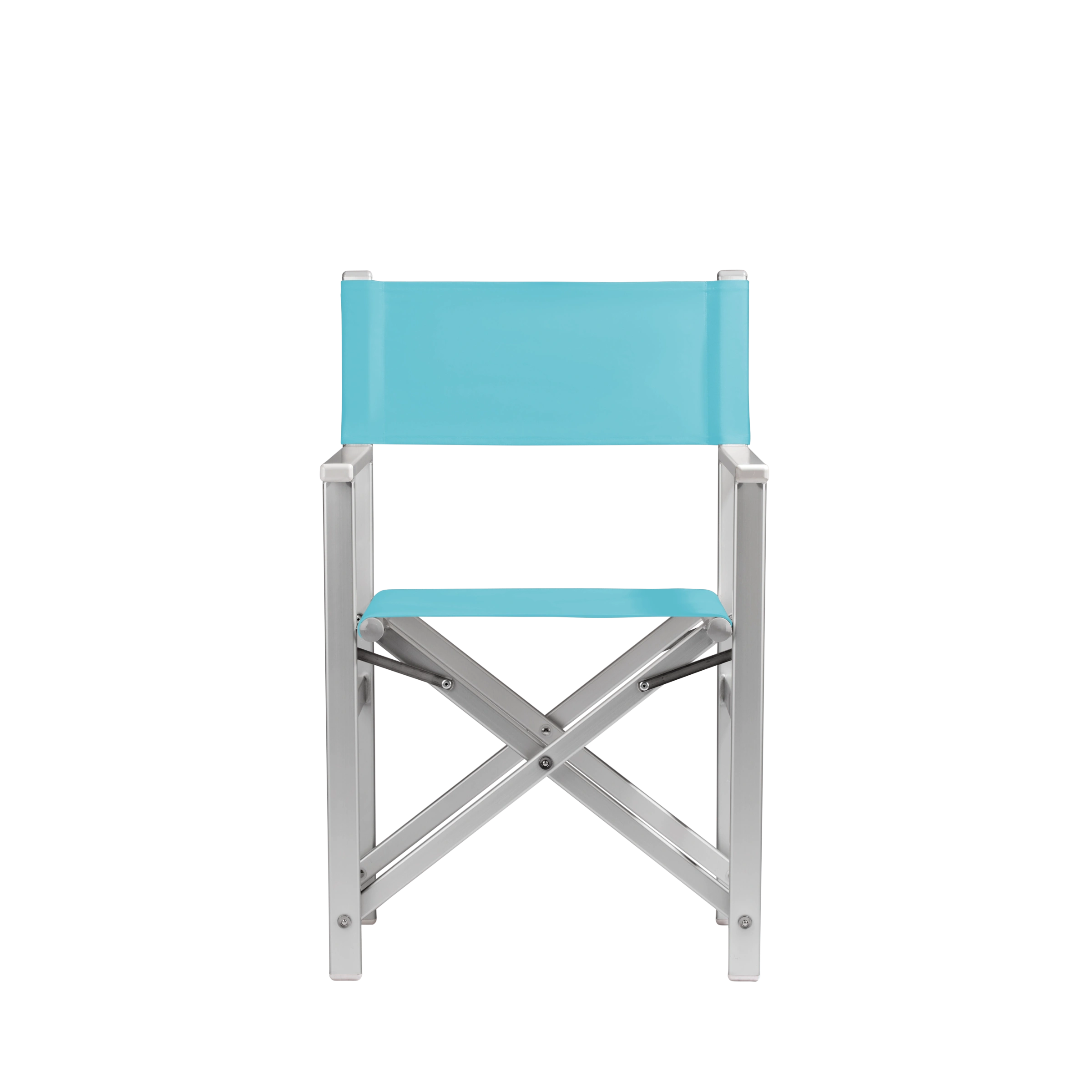 Regiestuhl Stanley aus silbernem Aluminium mit hellblauem Bezug, Frontalansicht
#Alu | Set (Farbe)_hellblau