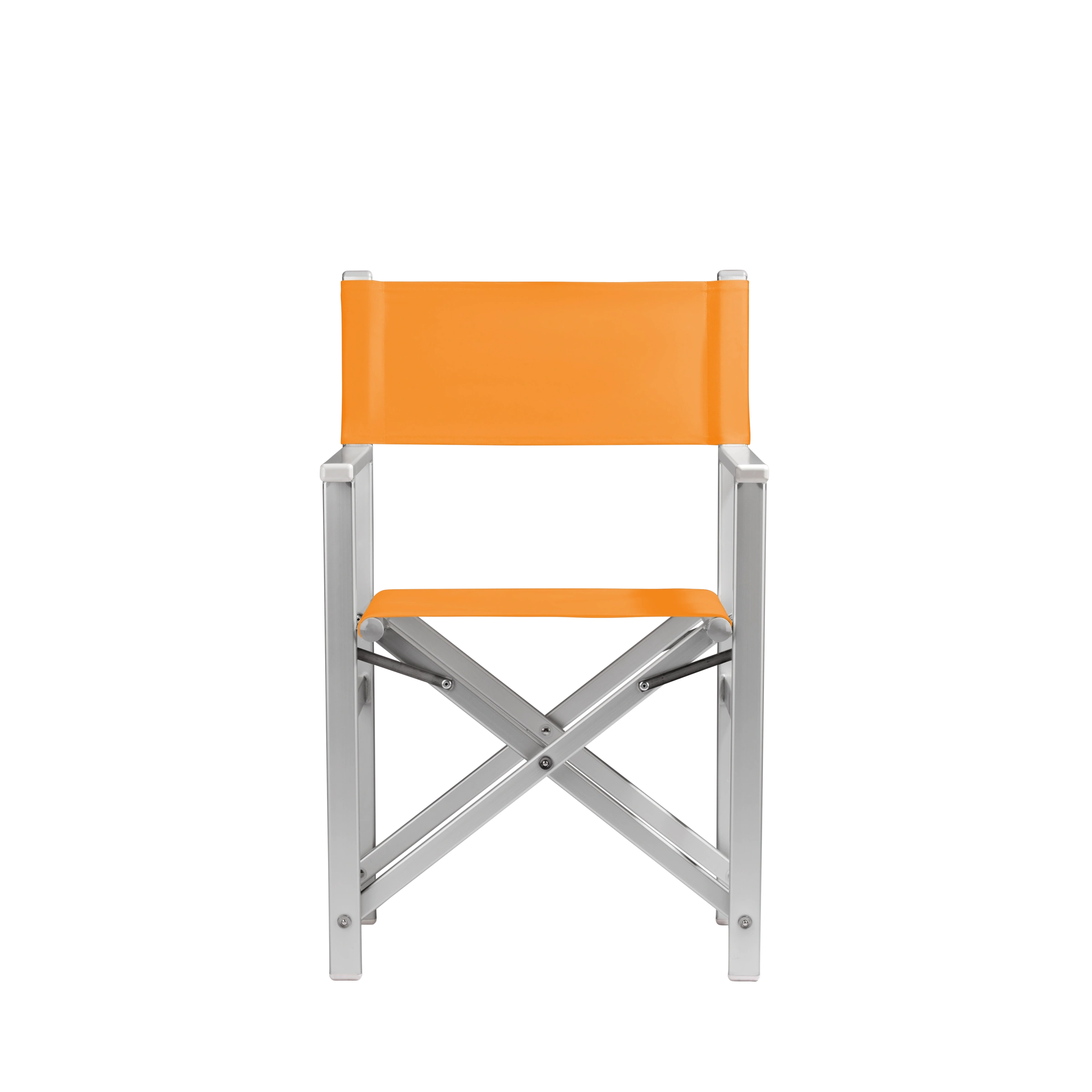 Regiestuhl Stanley aus silbernem Aluminium mit Bezug in mandarine, Frontalansicht
#Alu | Set (Farbe)_mandarine