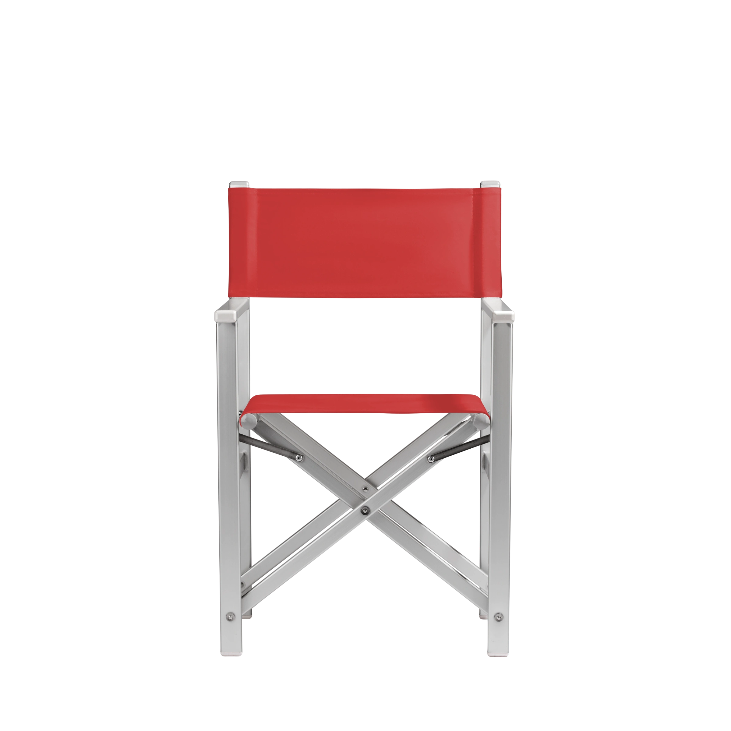 Regiestuhl Stanley aus silbernem Aluminium mit Bezug in rivarot, Frontalansicht
#Alu | Set (Farbe)_rivarot