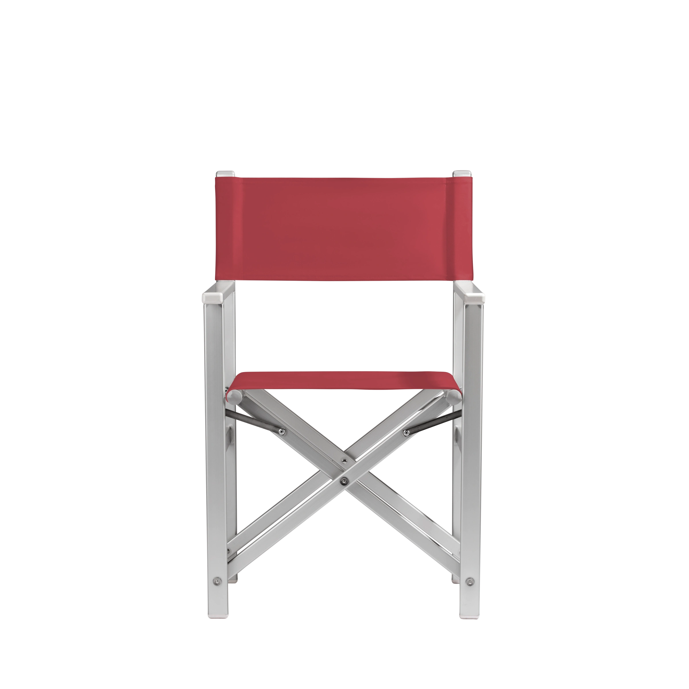 Regiestuhl Stanley aus silbernem Aluminium mit rotem Bezug, Frontalansicht
#Alu | Set (Farbe)_rot