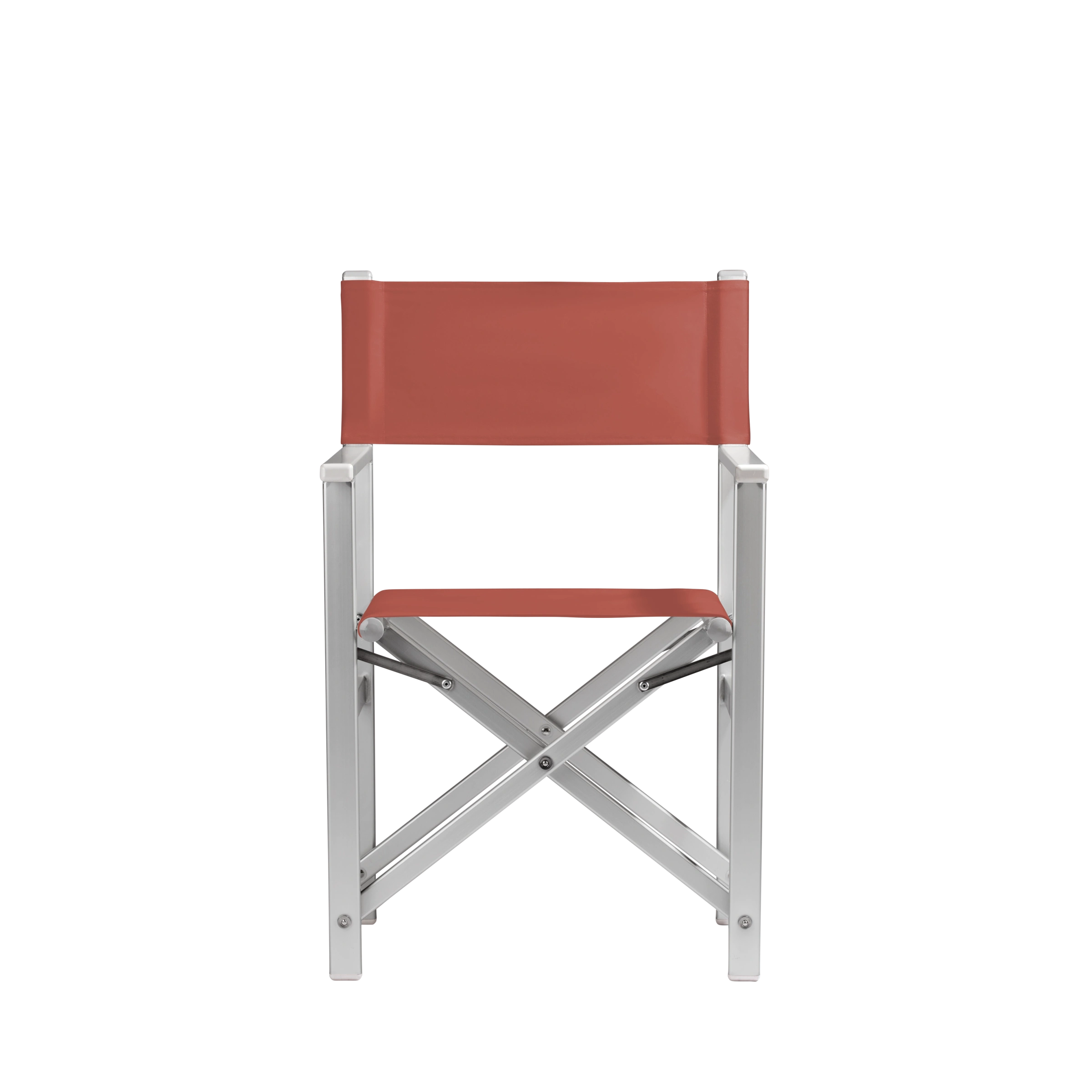 Regiestuhl Stanley aus silbernem Aluminium mit Bezug in terracotta, Frontalansicht
#Alu | Set (Farbe)_terracotta