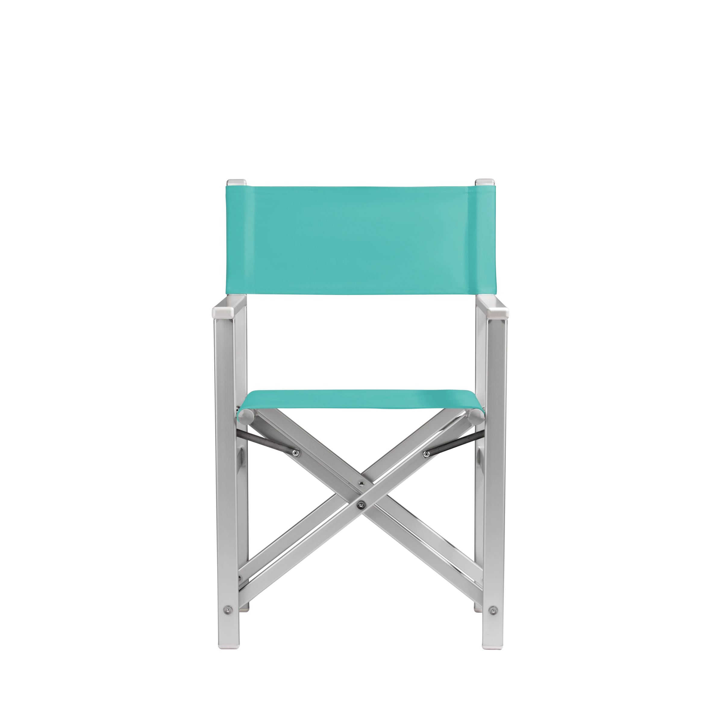 Regiestuhl Stanley aus silbernem Aluminium mit türkisem Bezug, Frontalansicht
#Alu | Set (Farbe)_türkis