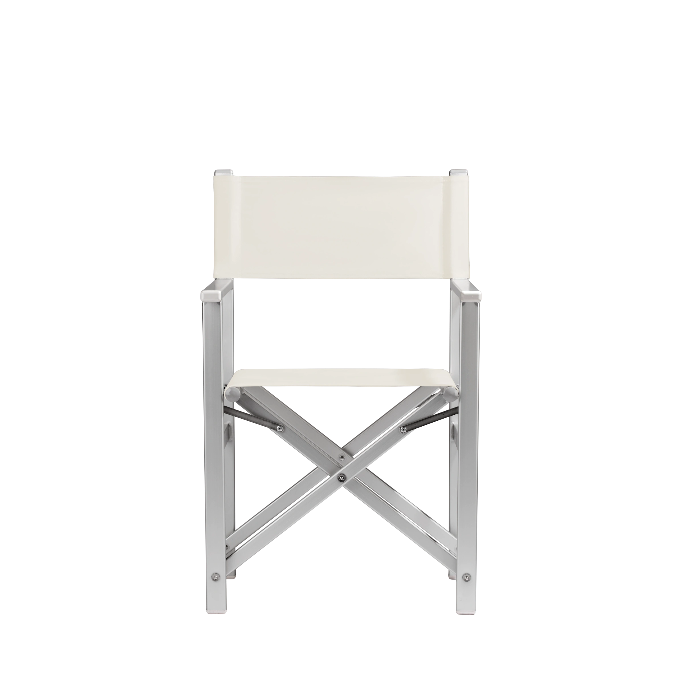 Regiestuhl Stanley aus silbernem Aluminium mit weißem Bezug, Frontalansicht
#Alu | Set (Farbe)_weiß