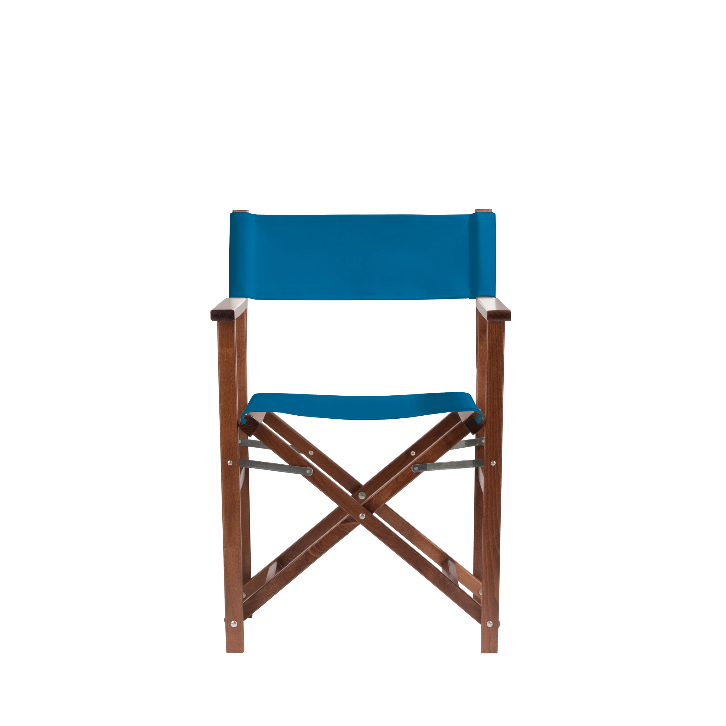 Regiestuhl Woody aus braunem Buchenholz mit blauem Bezug, Frontalansicht
#Classic | Set (Farbe)_blau