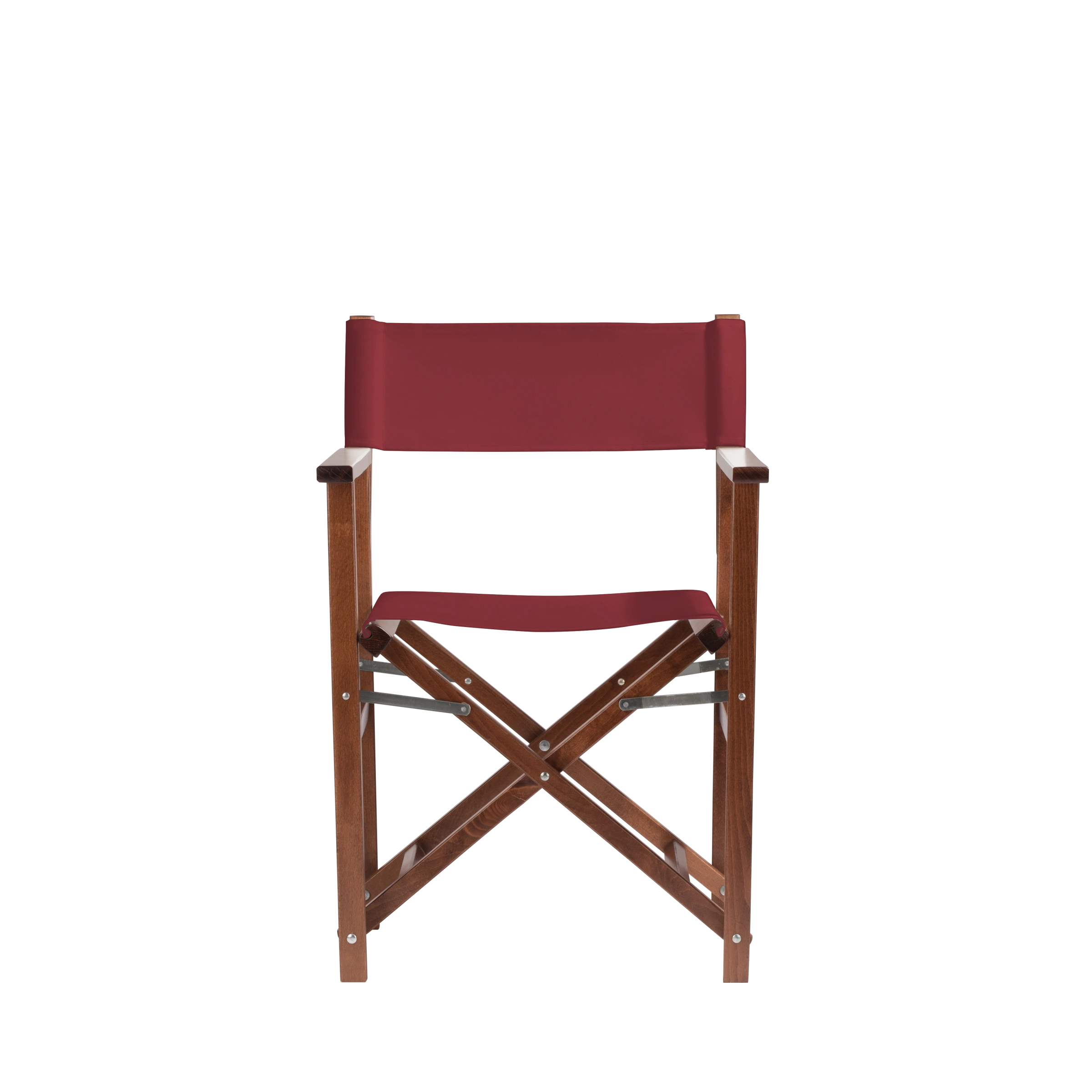 Regiestuhl Woody aus braunem Buchenholz mit Bezug in bordeaux, Frontalansicht
#Classic | Set (Farbe)_bordeaux