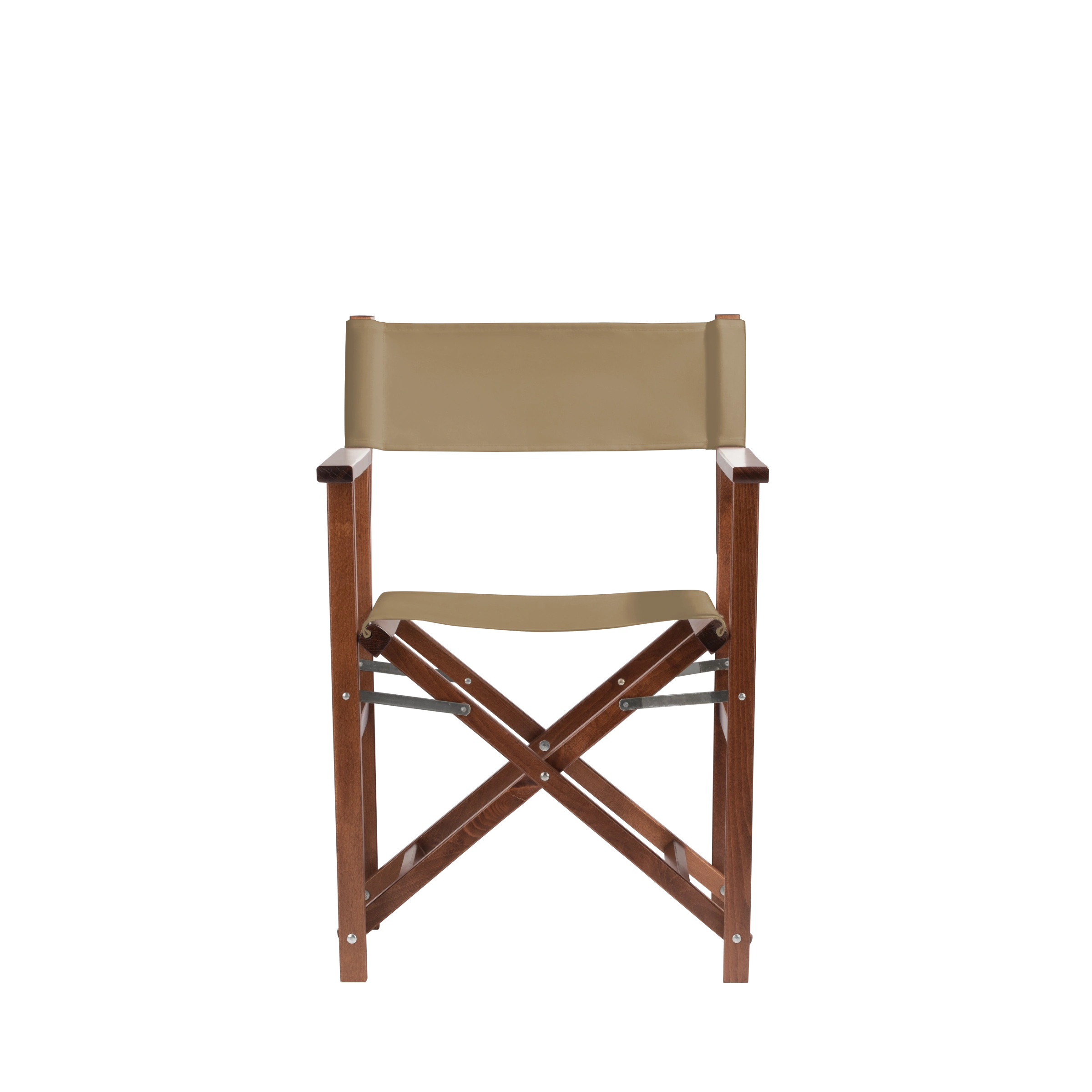 Regiestuhl Woody aus braunem Buchenholz mit Bezug in grau-beige, Frontalansicht
#Classic | Set (Farbe)_grau-beige