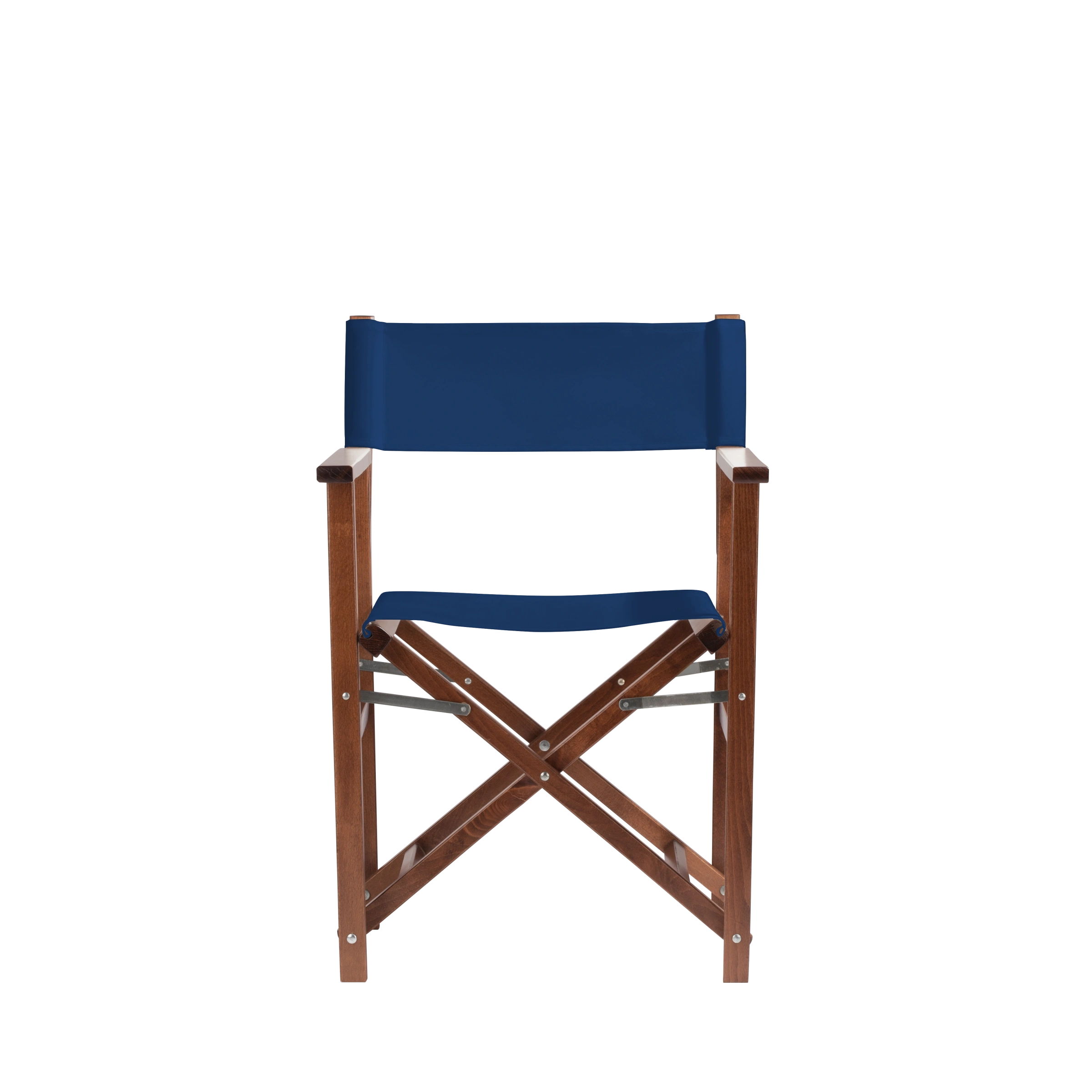 Regiestuhl Woody aus braunem Buchenholz mit Bezug in marine, Frontalansicht
#Classic | Set (Farbe)_marine