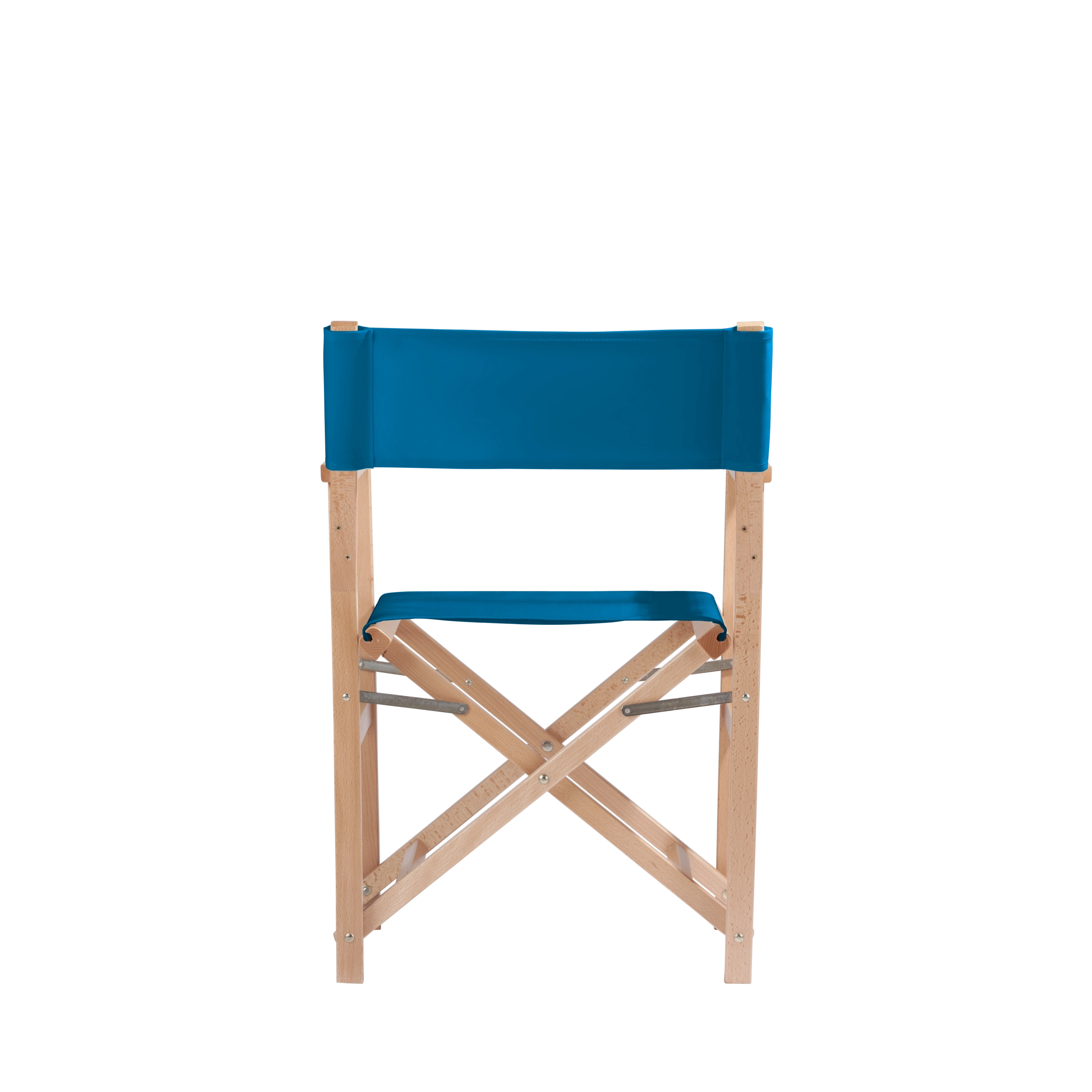 Regiestuhl Woody aus naturfarbenem Buchenholz mit blauem Bezug, Rückansicht
#Classic | Set (Farbe)_blau