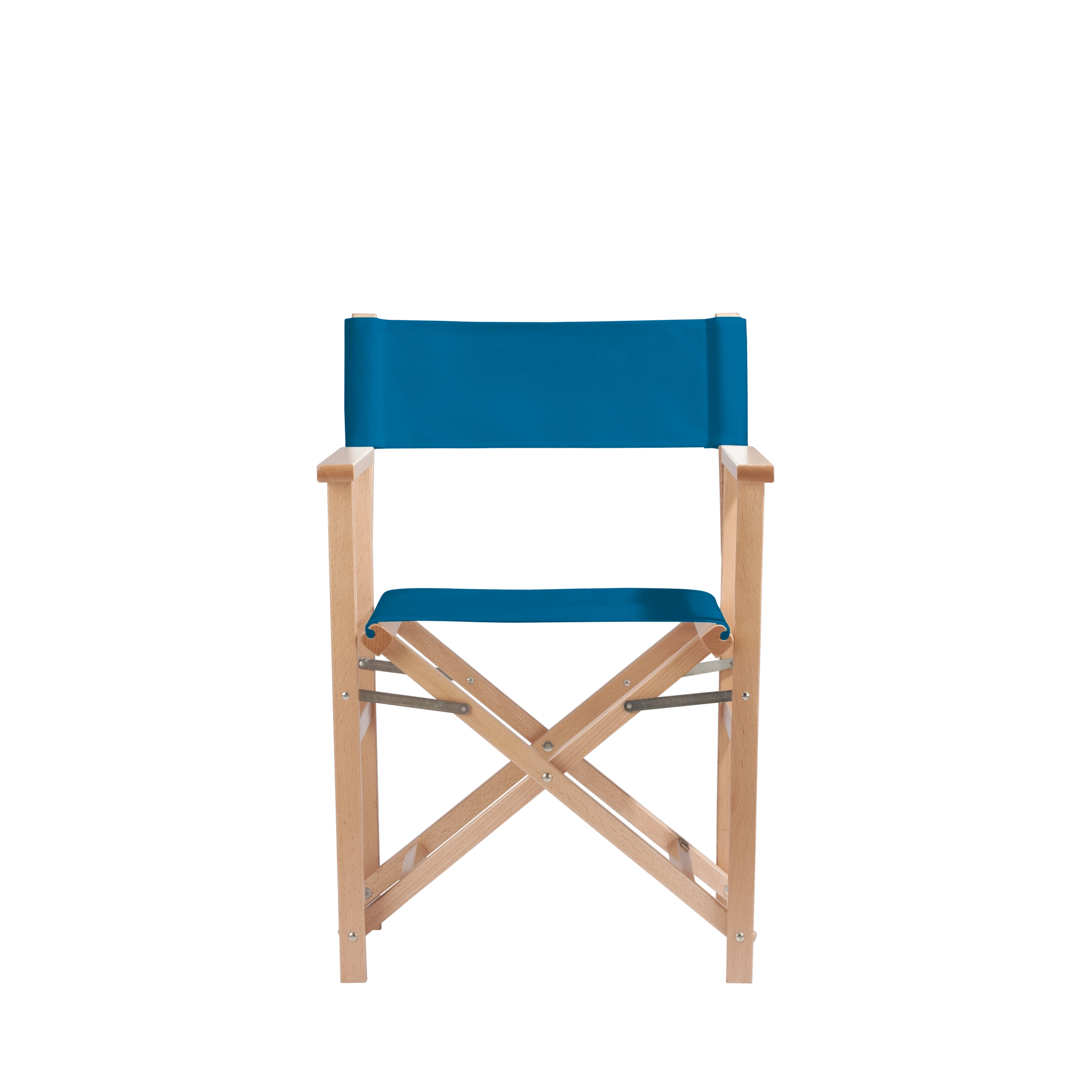 Regiestuhl Woody aus naturfarbenem Buchenholz mit blauem Bezug, Frontalansicht
#Classic | Set (Farbe)_blau