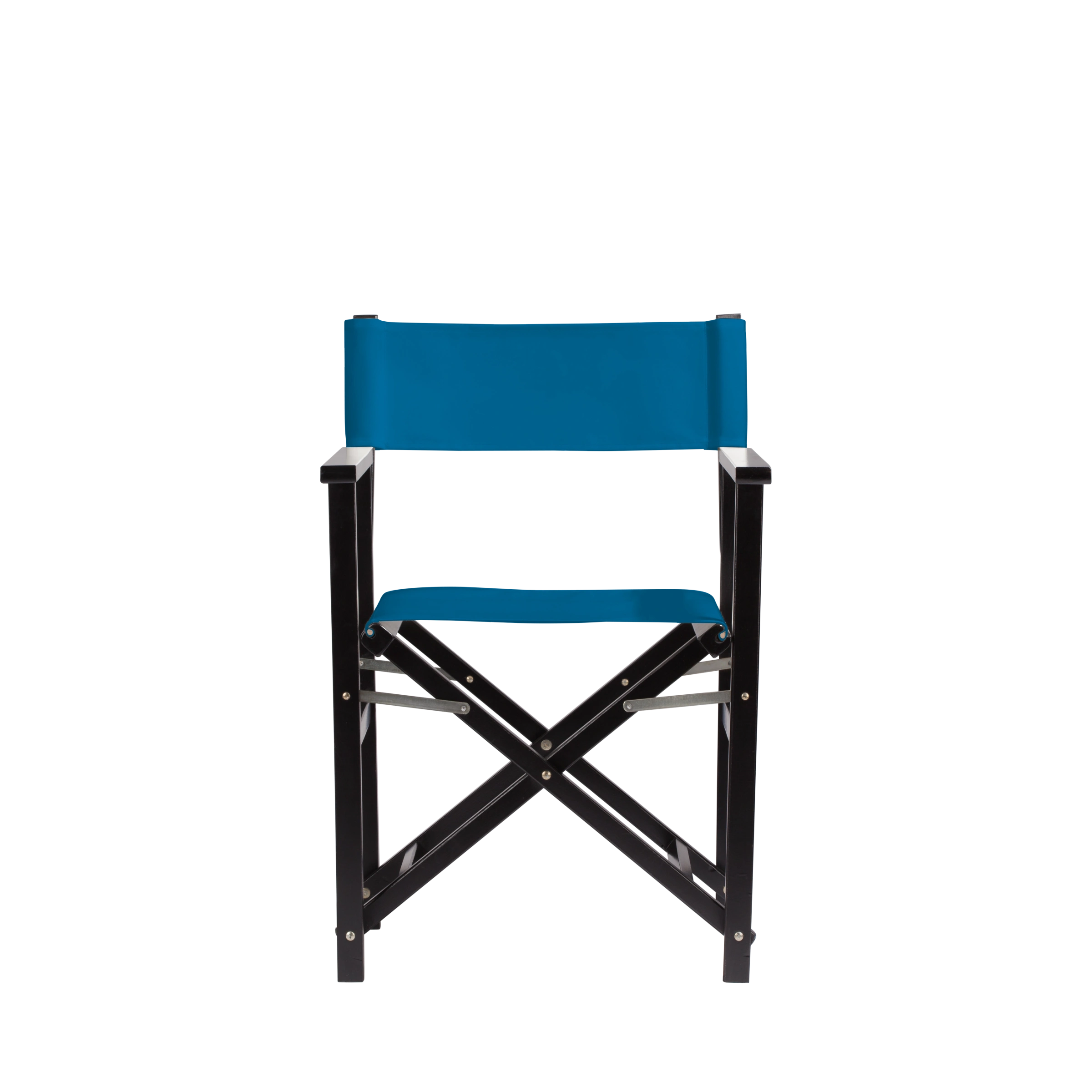 Regiestuhl Woody aus schwarzem Buchenholz mit blauem Bezug, Frontalansicht
#Classic | Set (Farbe)_blau