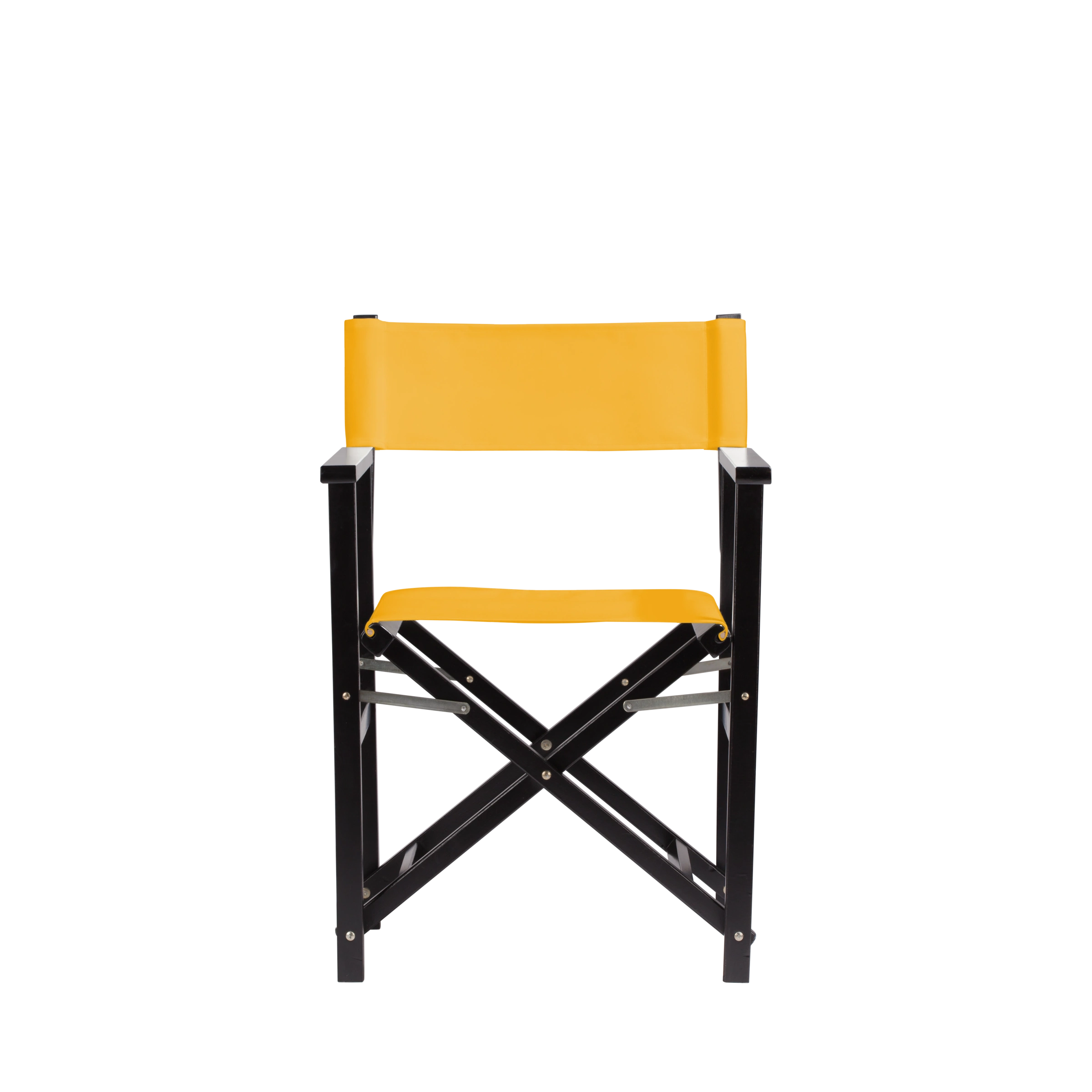 Regiestuhl Woody aus schwarzem Buchenholz mit gelbem Bezug, Frontalansicht
#Classic | Set (Farbe)_gelb