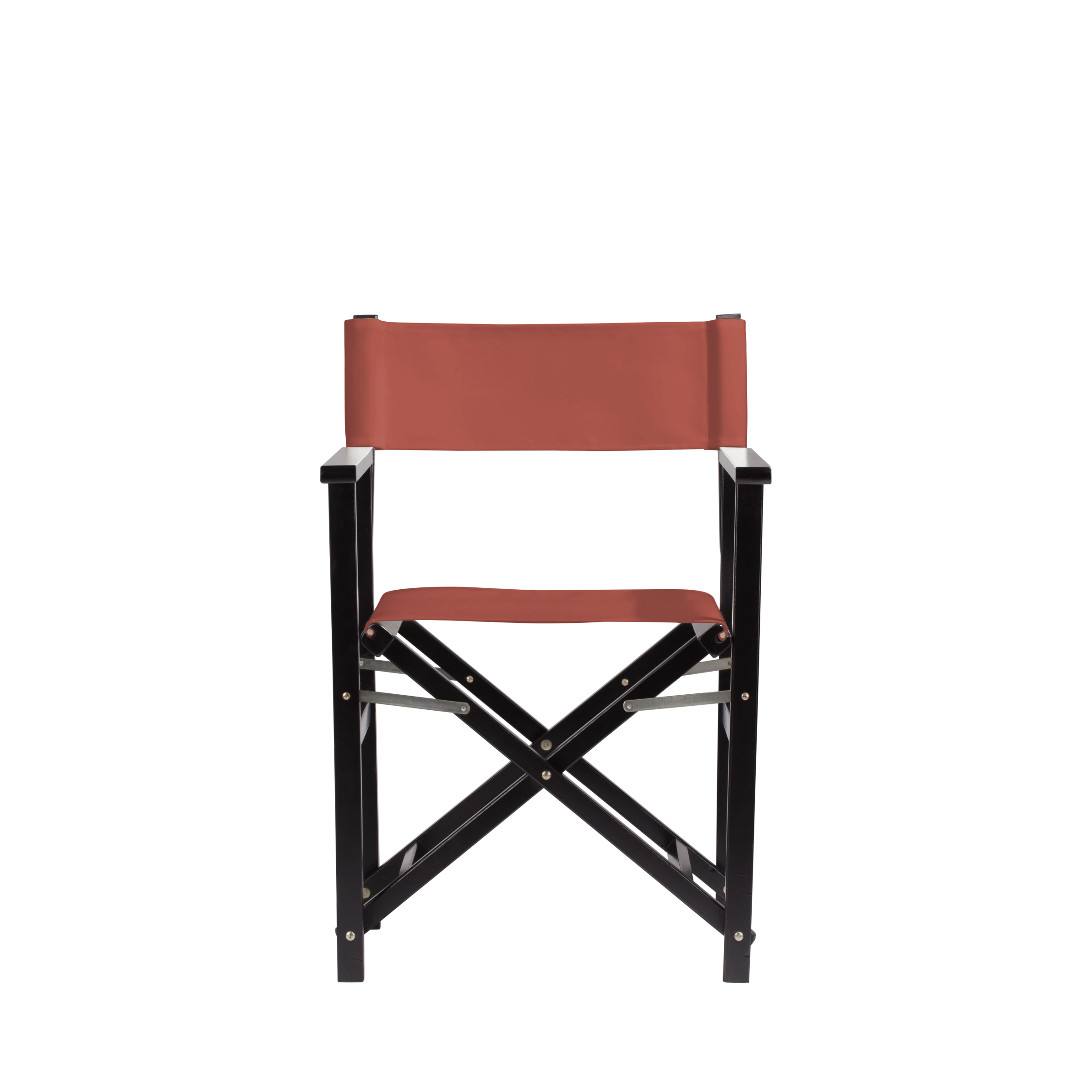 Regiestuhl Woody aus schwarzem Buchenholz mit Bezug in terracotta, Frontalansicht
#Classic | Set (Farbe)_terracotta