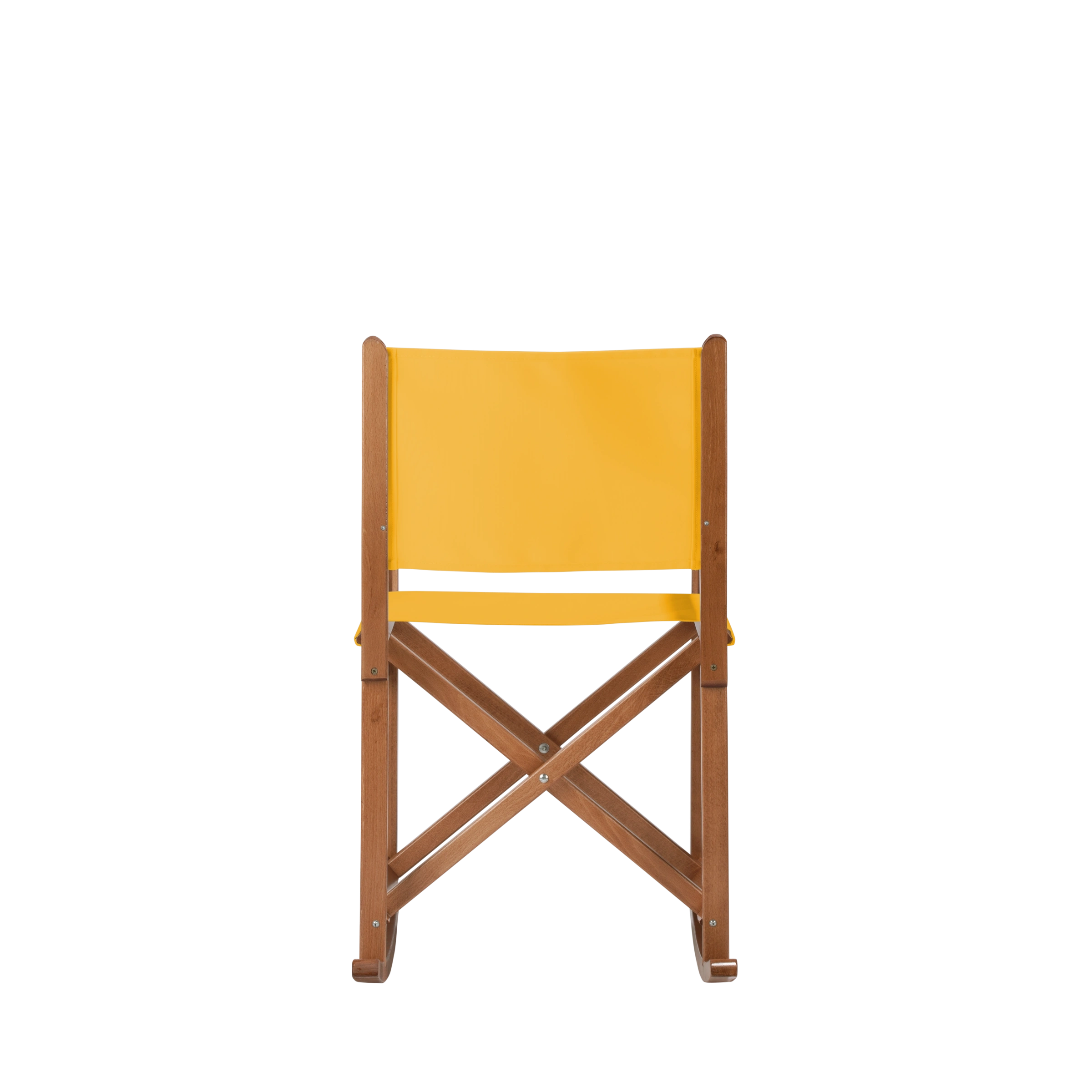 Schaukelstuhl Helmut aus brandyfarbenem Buchenholz mit gelbem Bezug, Rückansicht
#Swing | Set (Farbe)_gelb