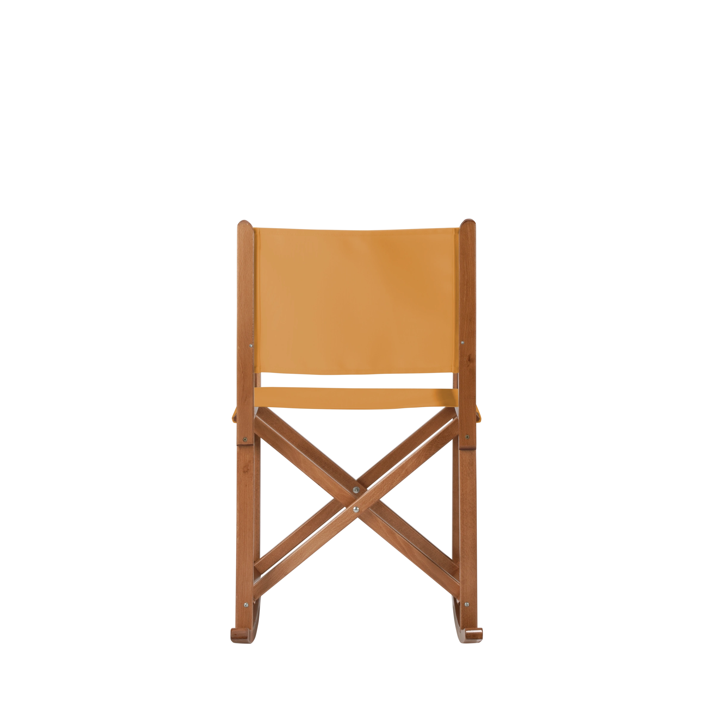 Schaukelstuhl Helmut aus brandyfarbenem Buchenholz mit Bezug in ocker, Rückansicht
#Swing | Set (Farbe)_ocker