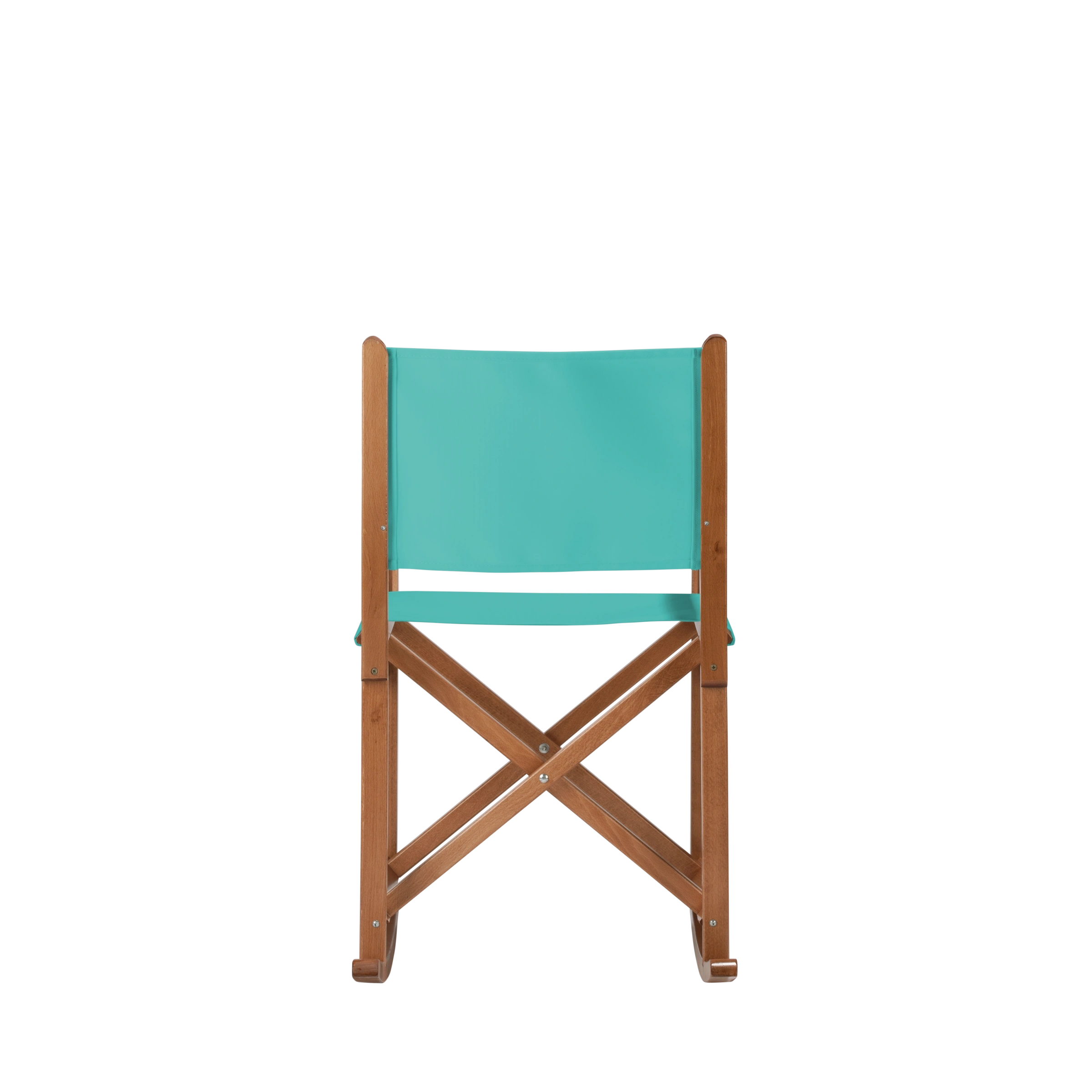 Schaukelstuhl Helmut aus brandyfarbenem Buchenholz mit türkisem Bezug, Rückansicht
#Swing | Set (Farbe)_türkis