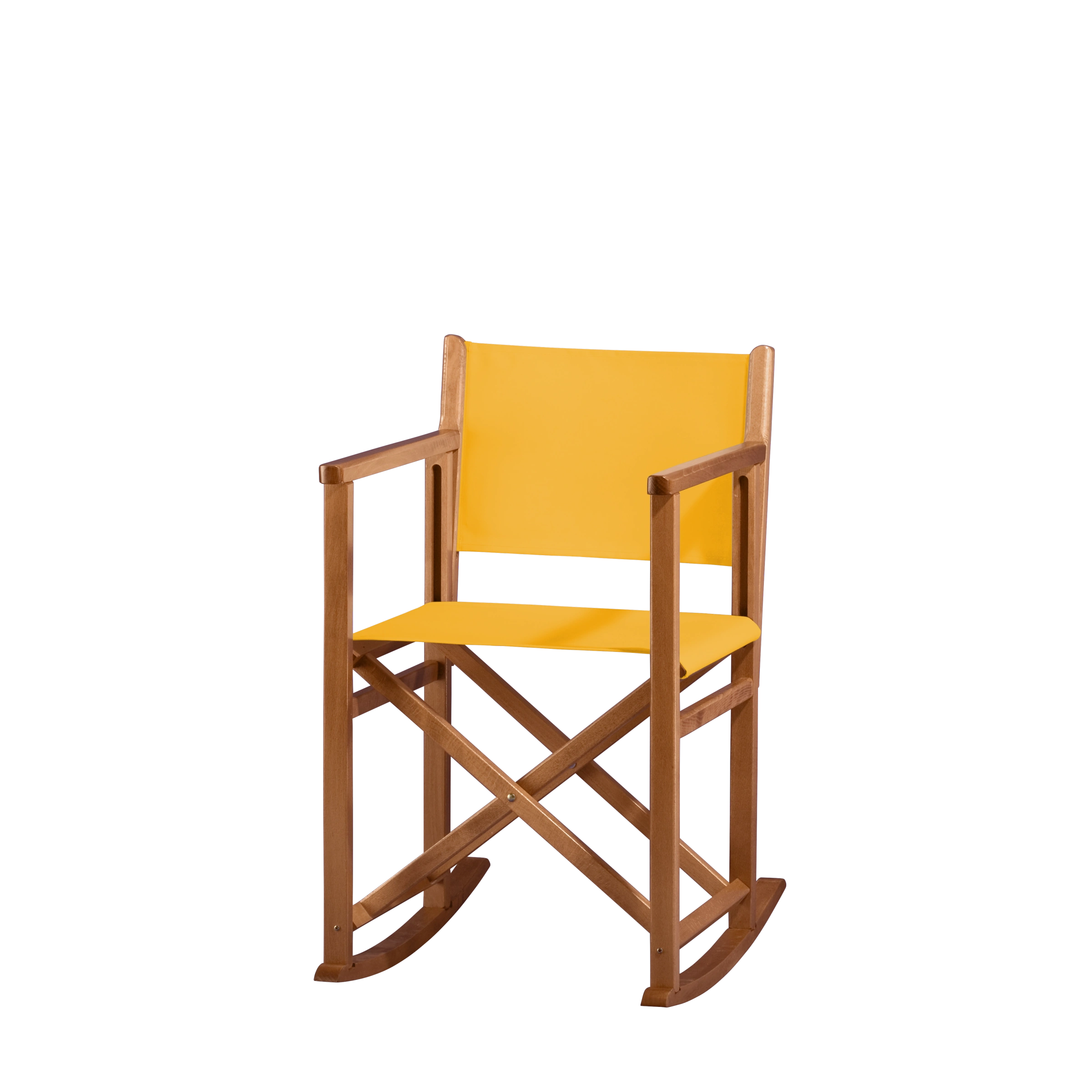 Schaukelstuhl Helmut aus brandyfarbenem Buchenholz mit gelbem Bezug, Seitenansicht
#Swing | Set (Farbe)_gelb